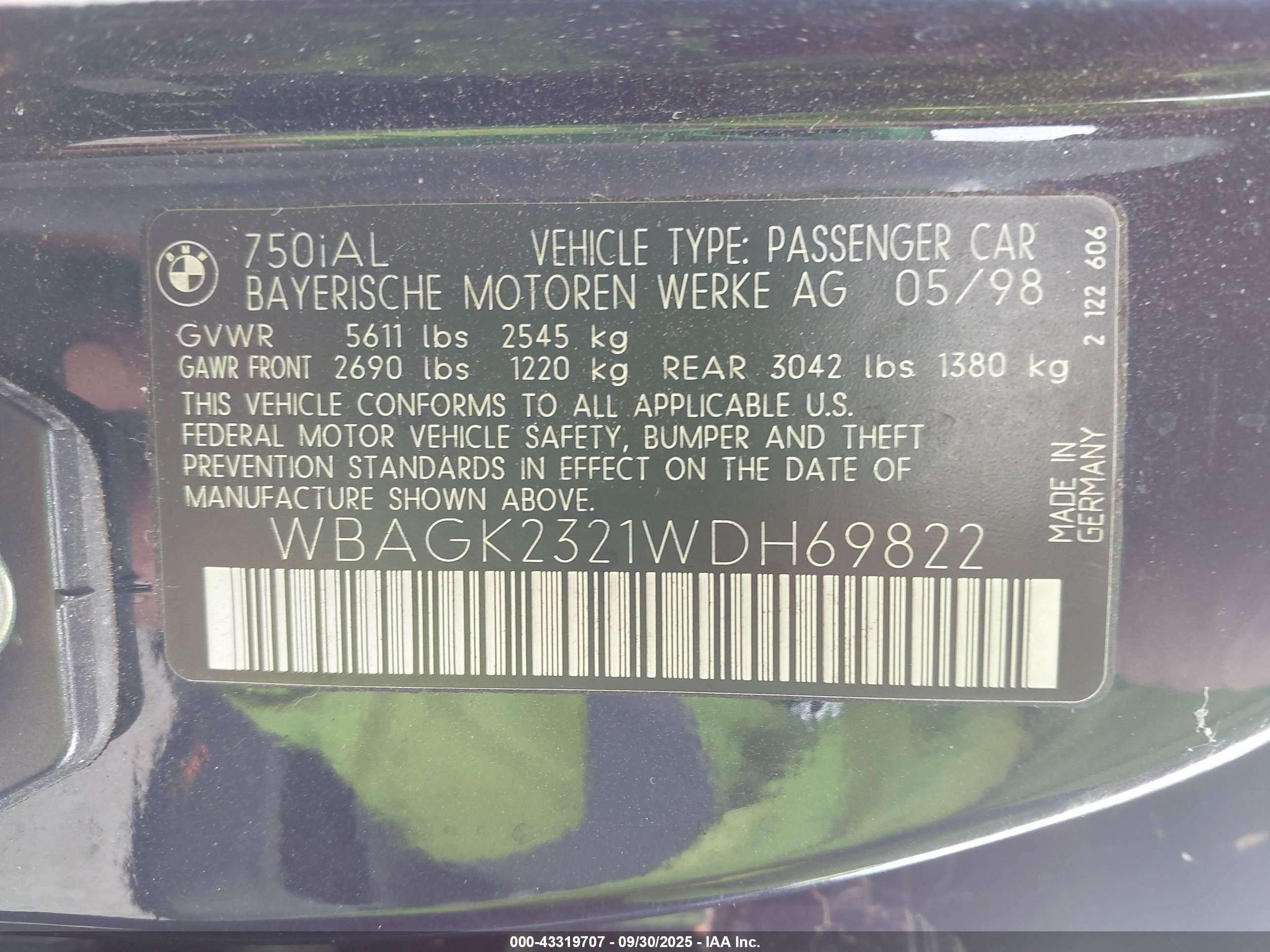1998 Bmw 750il Blue vin: WBAGK2321WDH69822