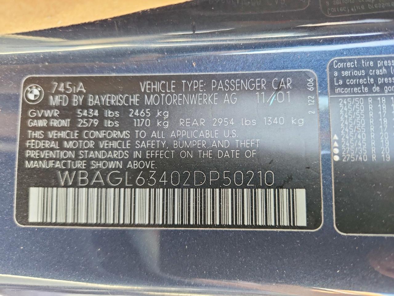 2002 Bmw 745 I Blue vin: WBAGL63402DP50210