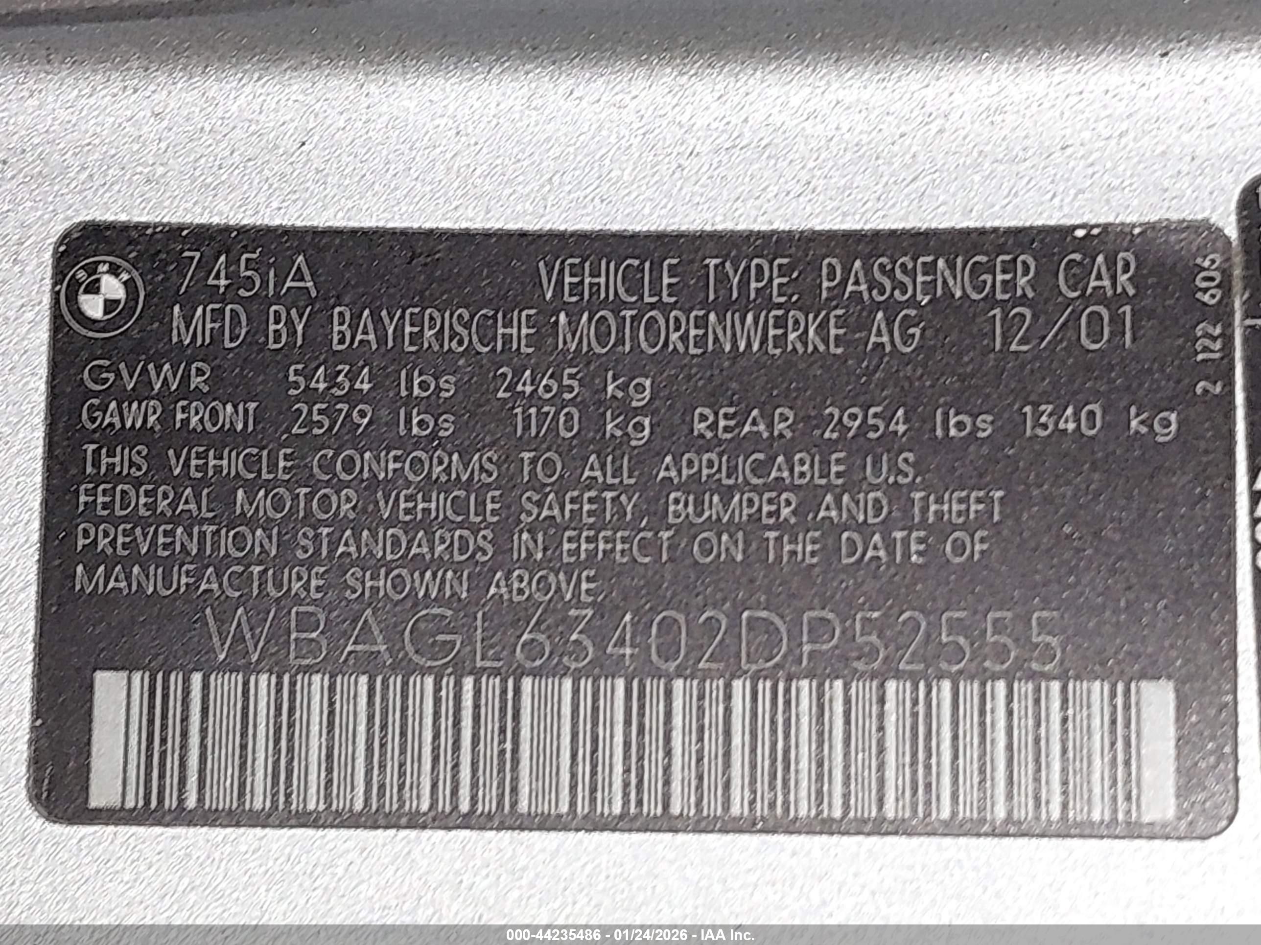 2002 Bmw 745i   vin: WBAGL63402DP52555