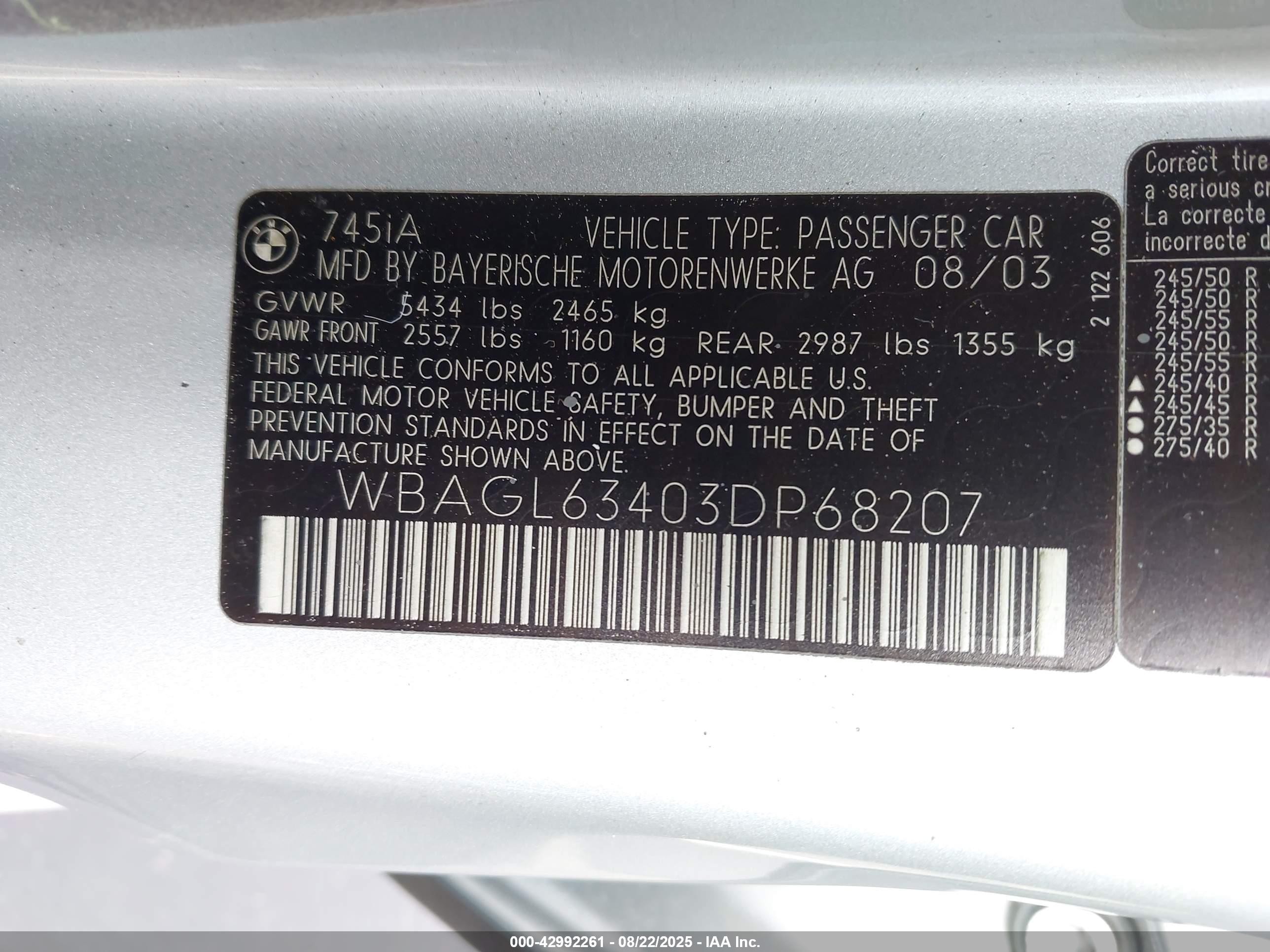 2003 Bmw 745i   Серебряный vin: WBAGL63403DP68207