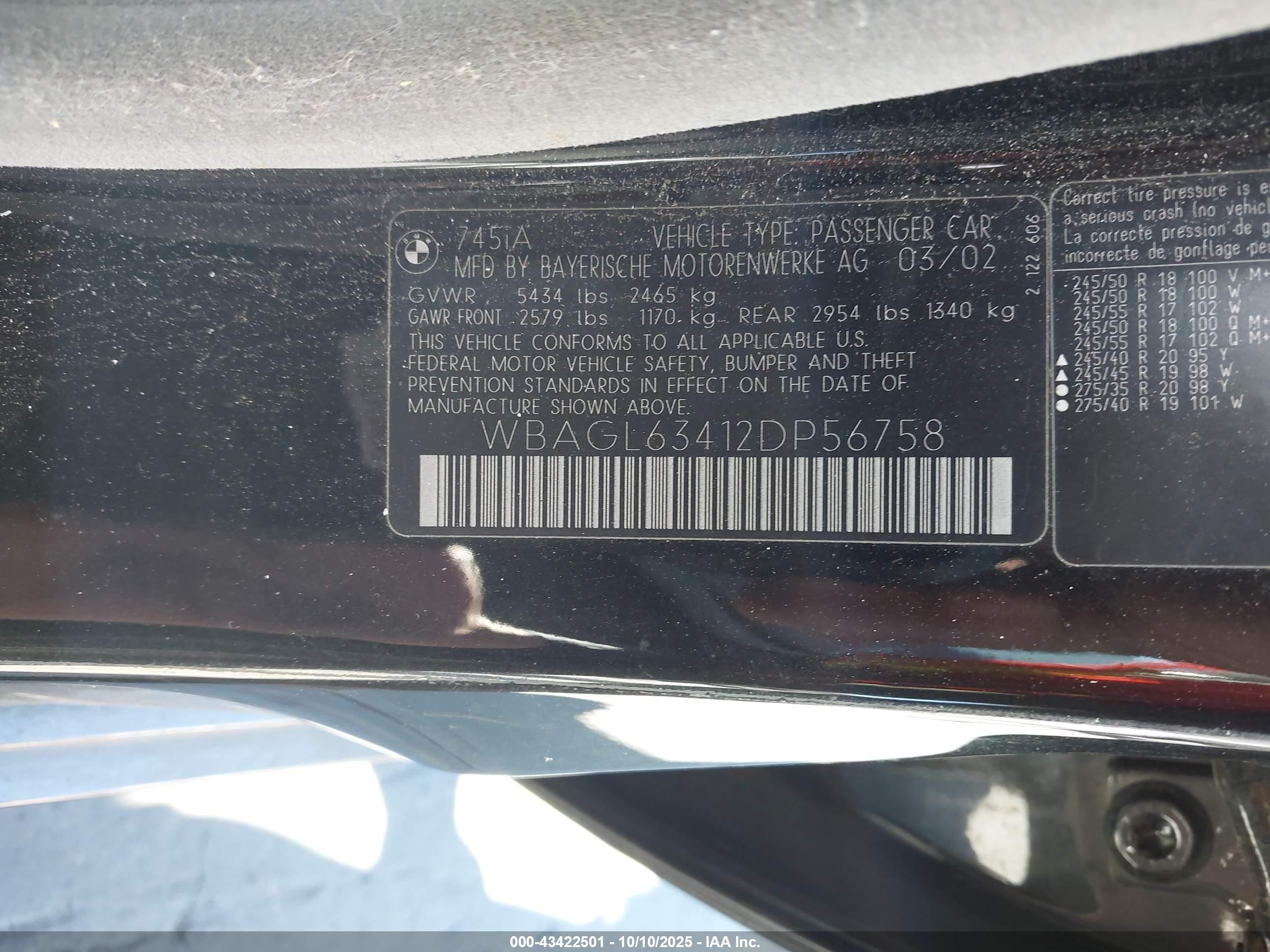 2002 Bmw 745i   Black vin: WBAGL63412DP56758