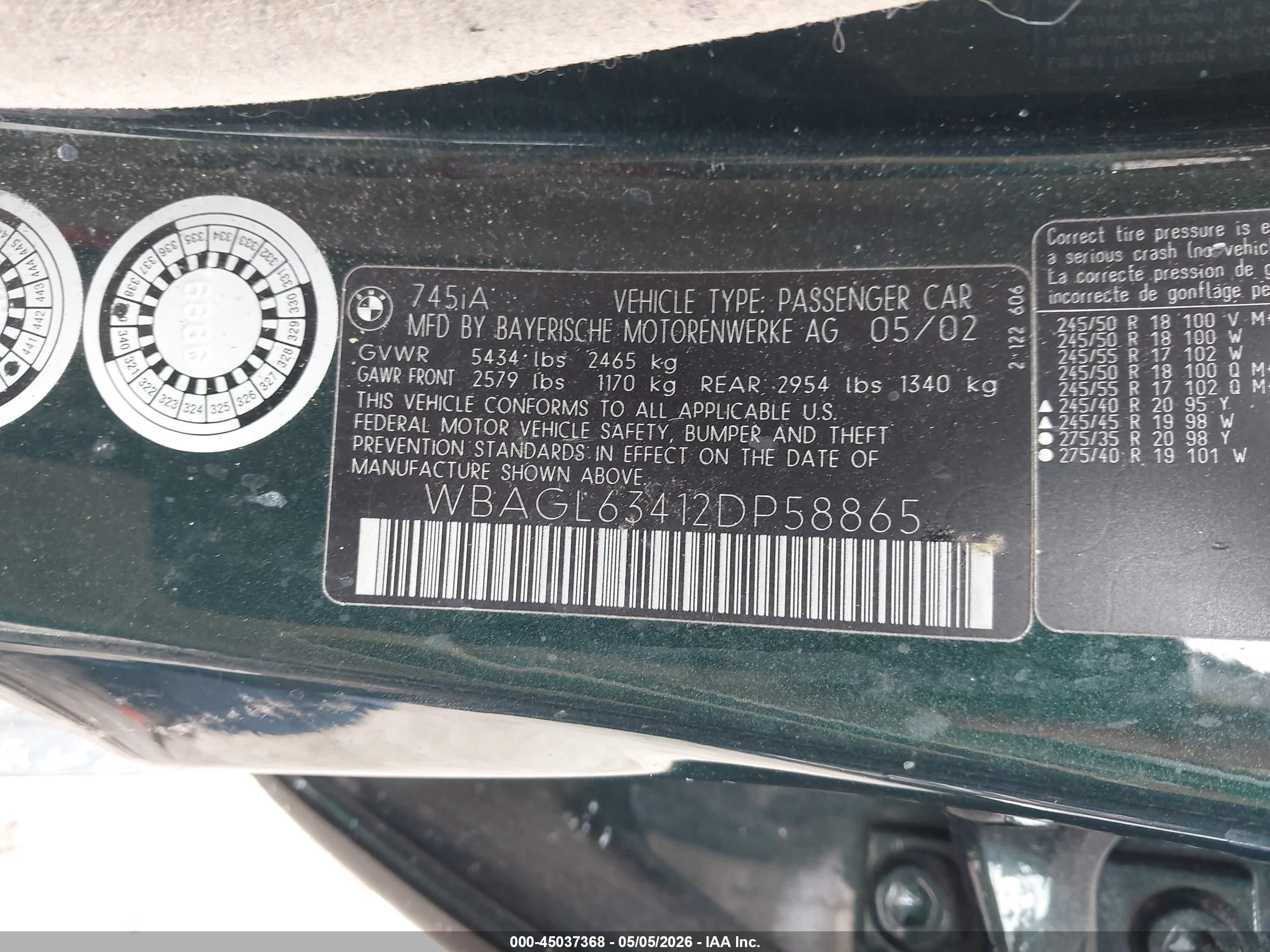 2002 Bmw 745i   Green vin: WBAGL63412DP58865
