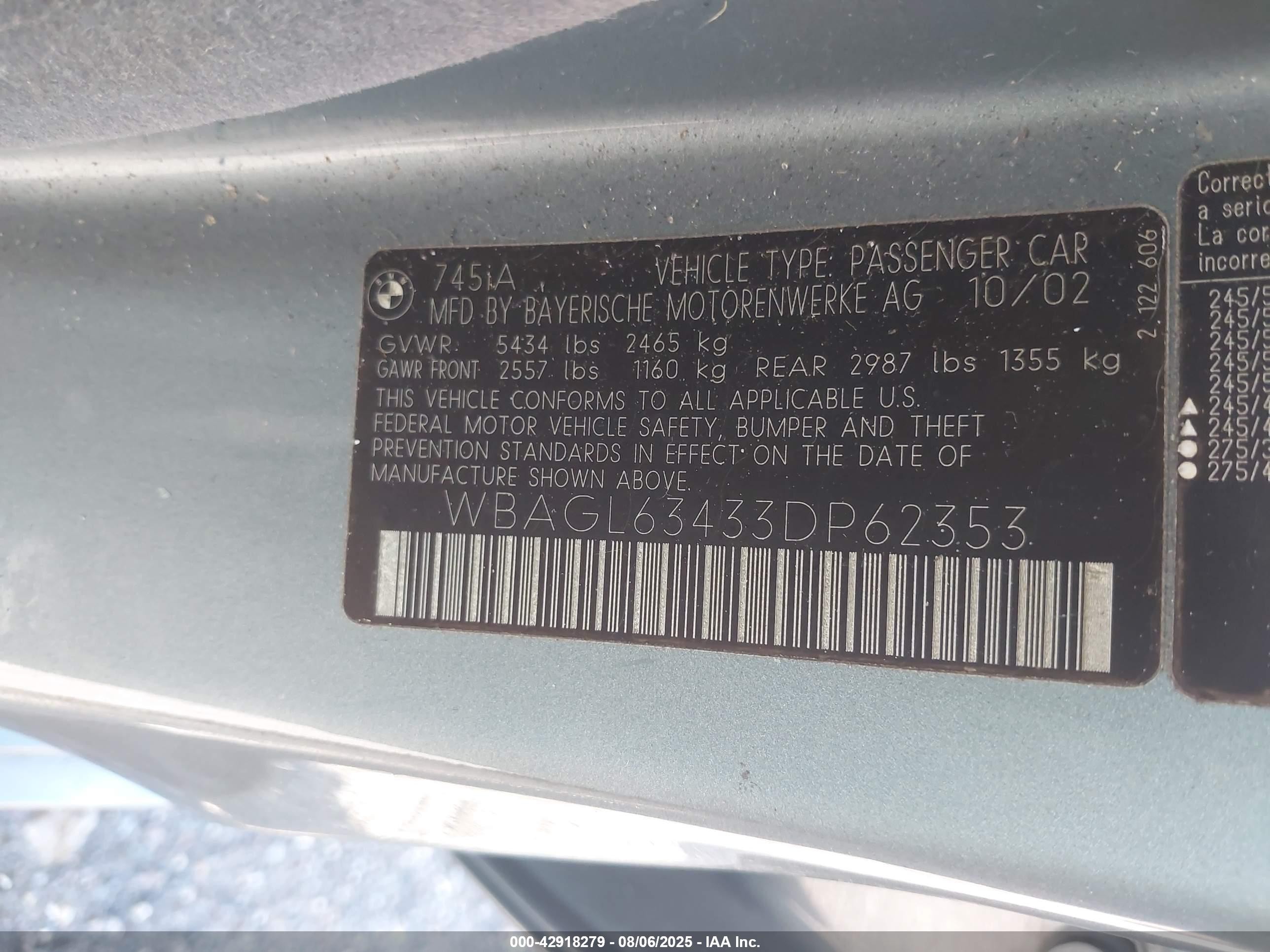 2003 Bmw 745i   Light Blue vin: WBAGL63433DP62353