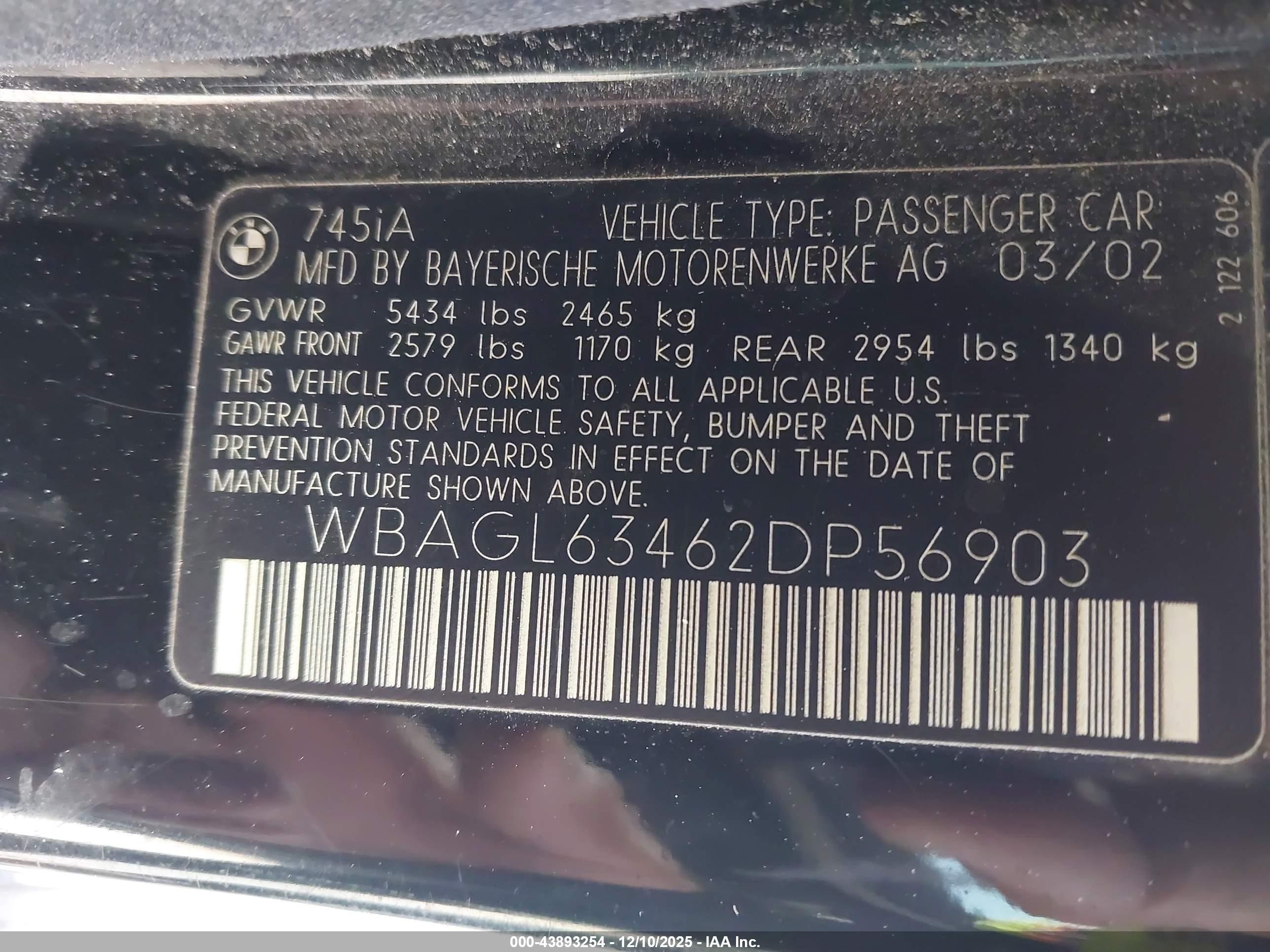 2002 Bmw 745i   Black vin: WBAGL63462DP56903