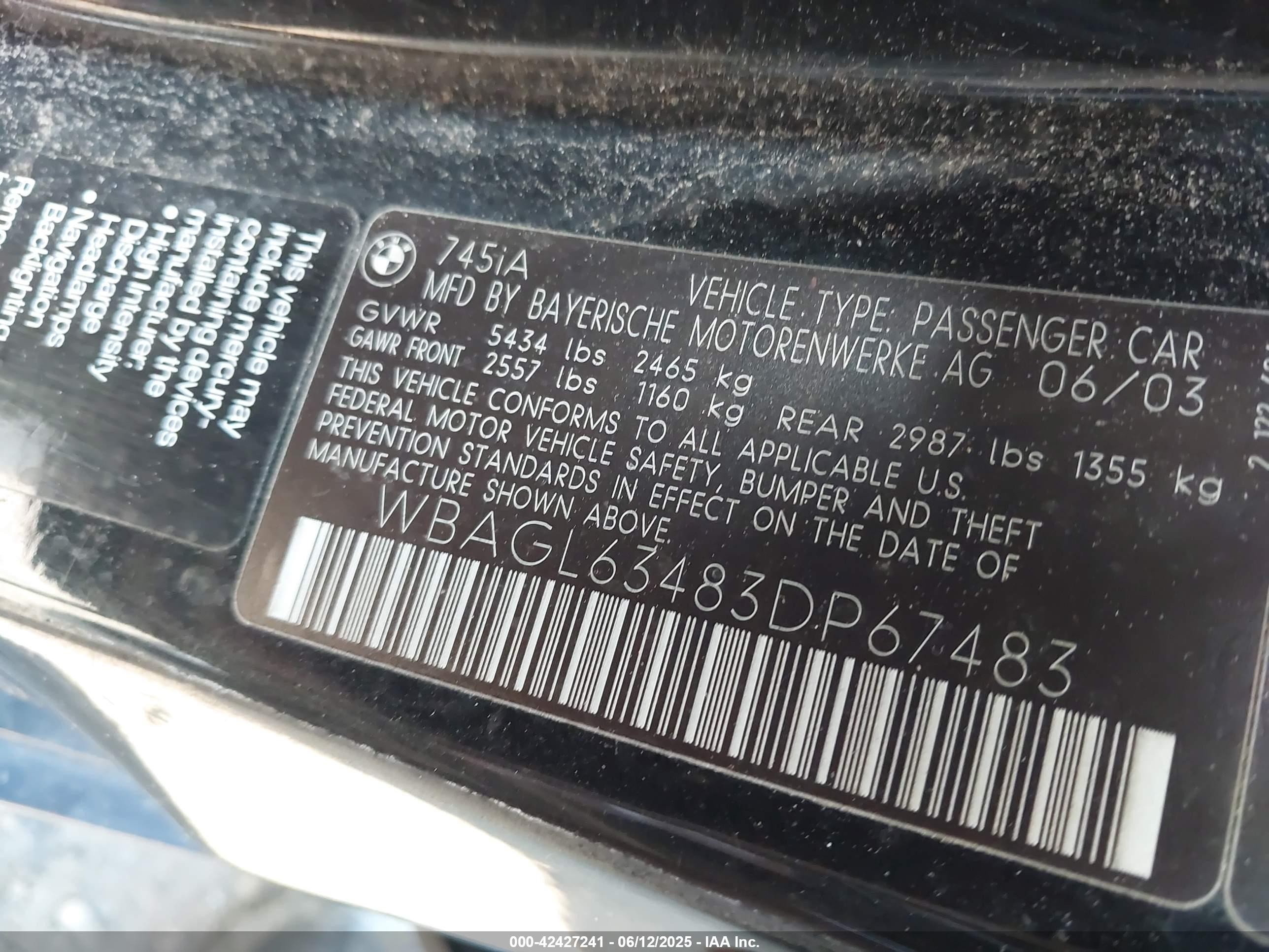 2003 Bmw 745i   Black vin: WBAGL63483DP67483