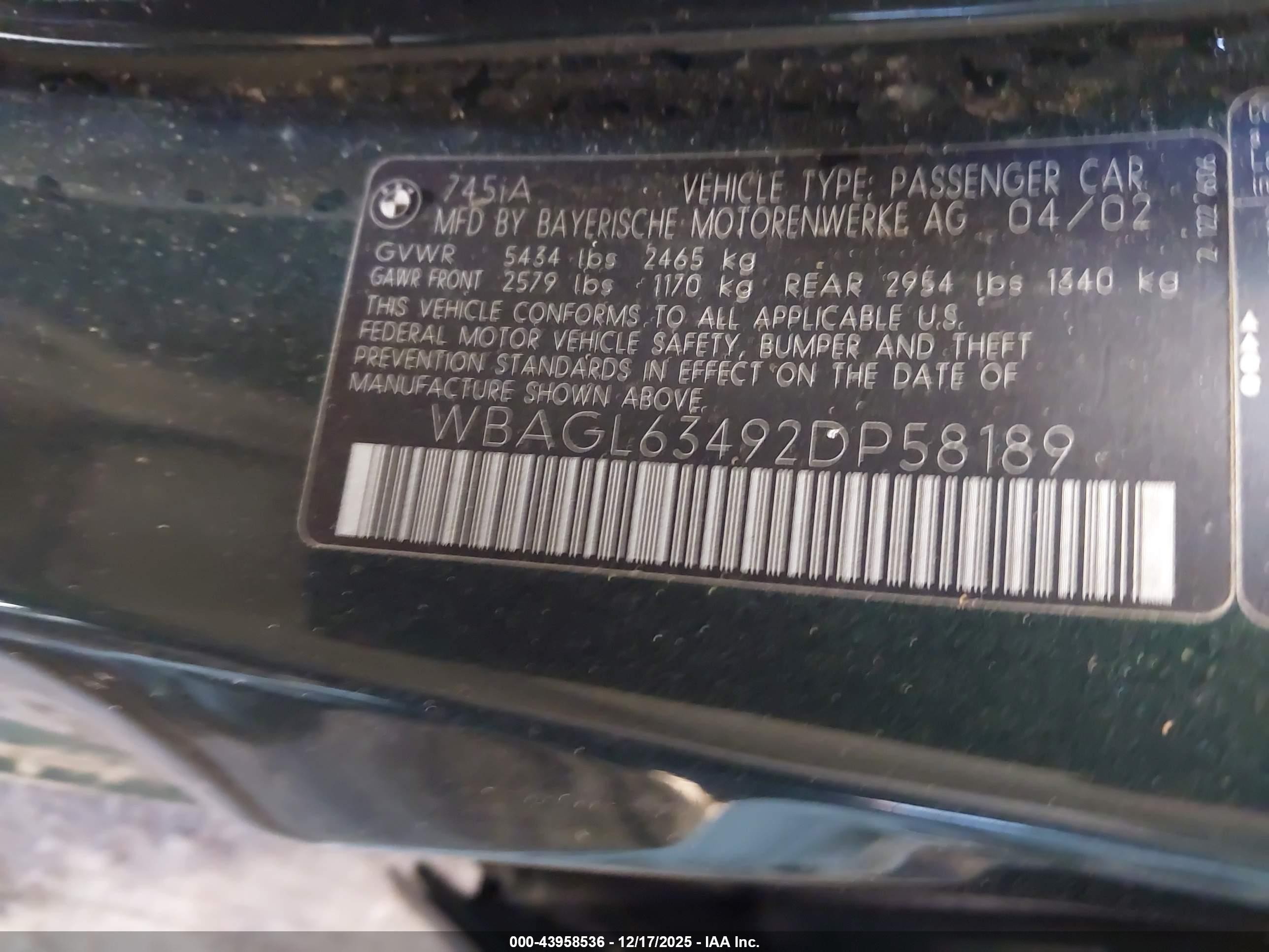 2002 Bmw 745i   Green vin: WBAGL63492DP58189