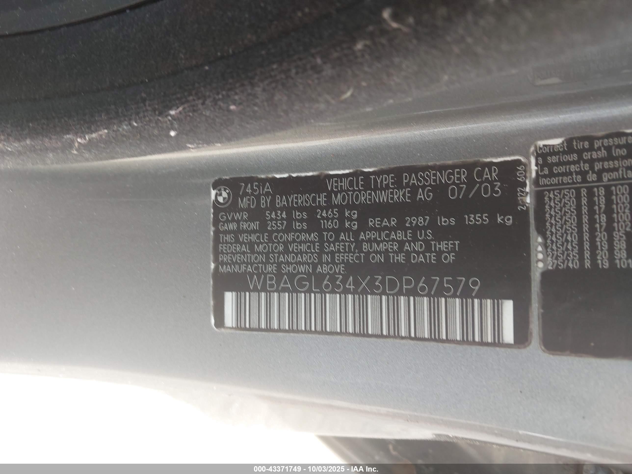2003 Bmw 745i   Gray vin: WBAGL634X3DP67579