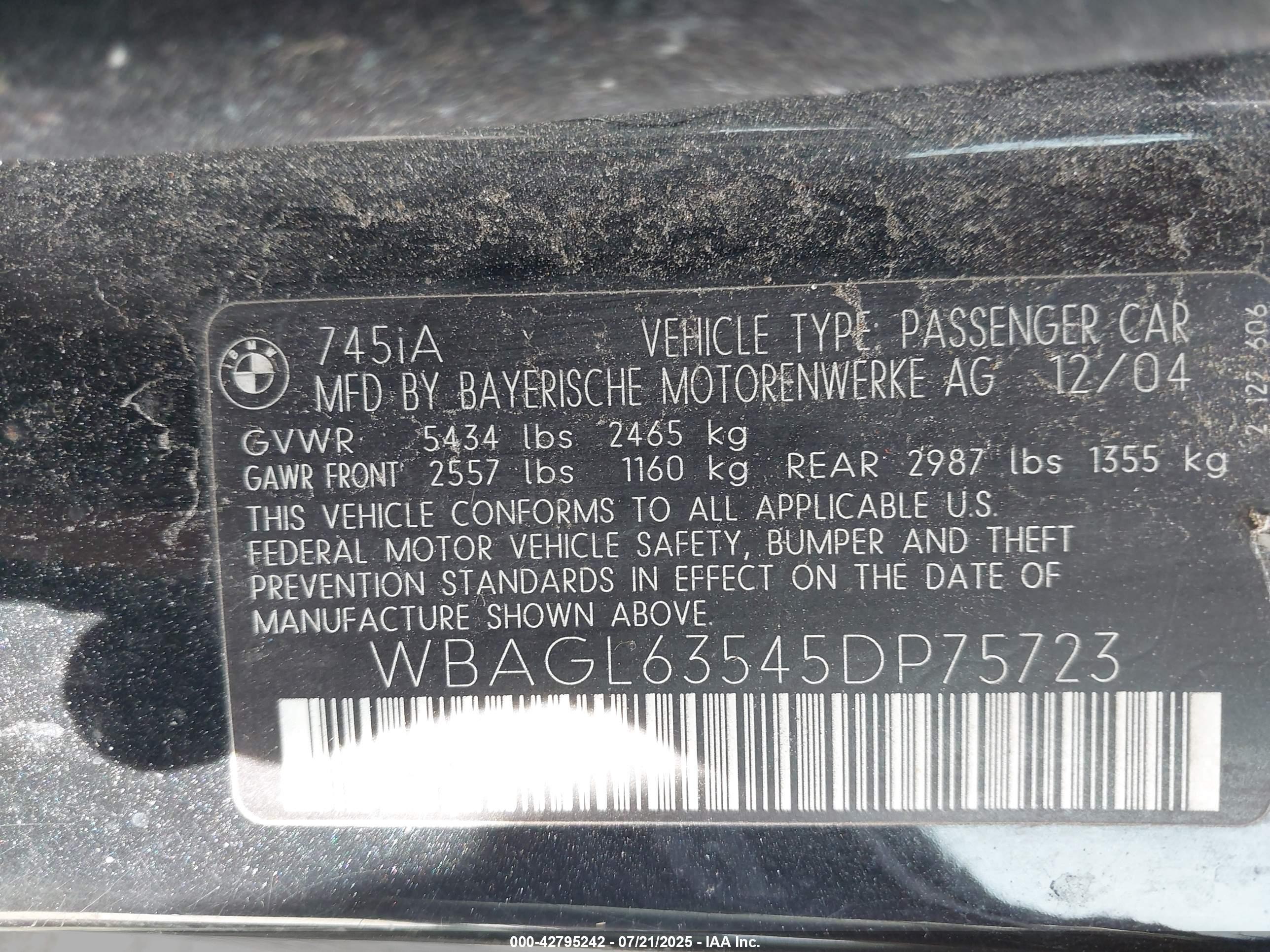 2005 Bmw 745i   Black vin: WBAGL63545DP75723