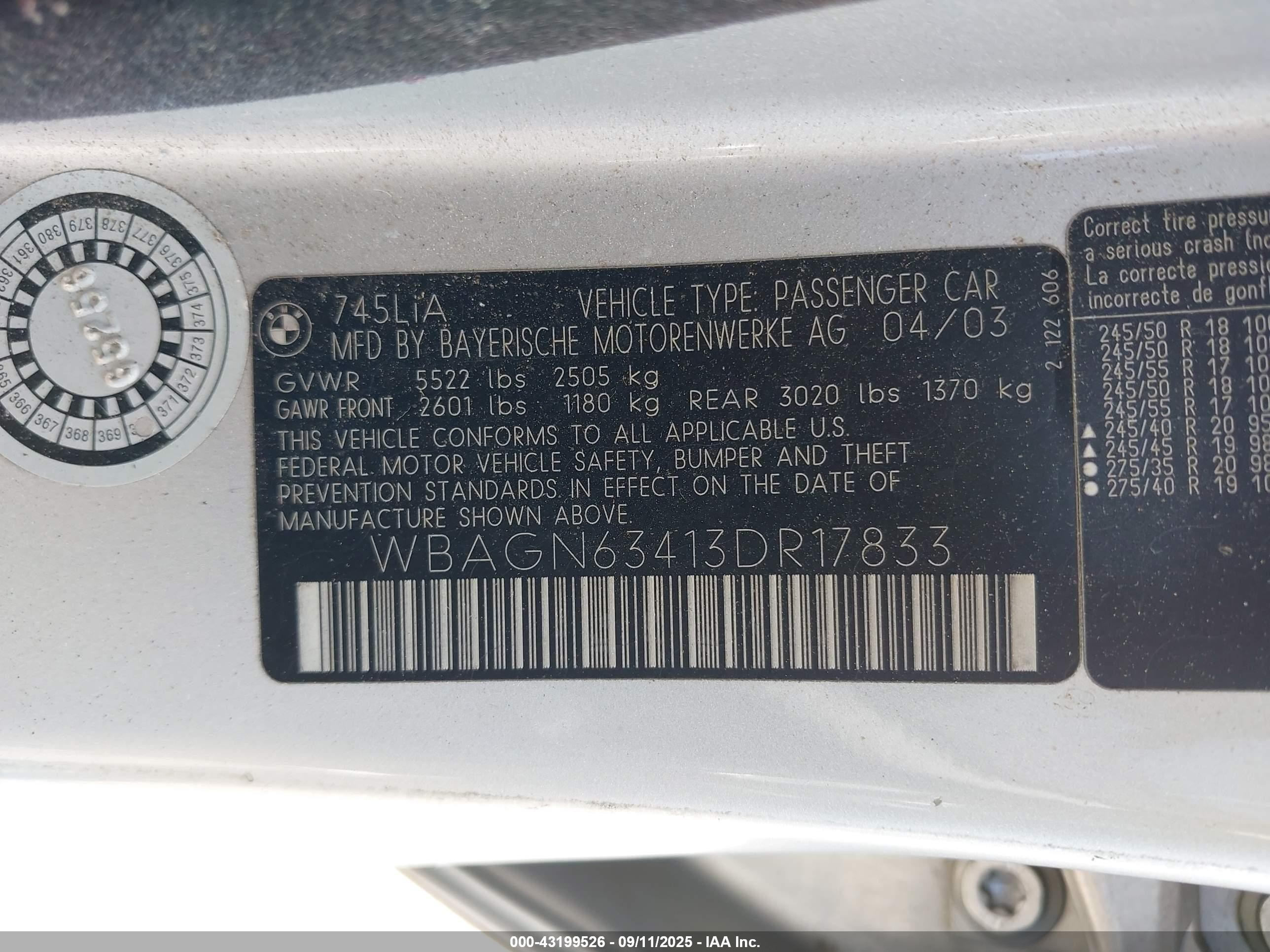 2003 Bmw 745li   Silver vin: WBAGN63413DR17833