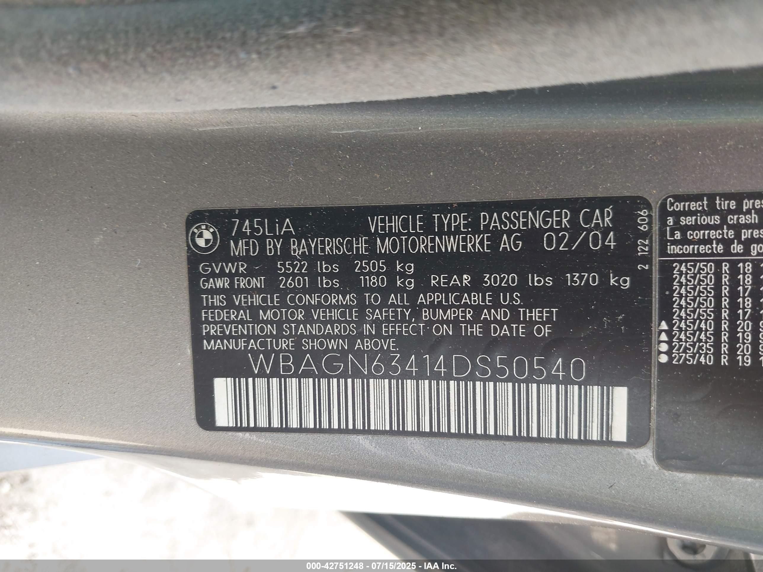2004 Bmw 745li   Gray vin: WBAGN63414DS50540