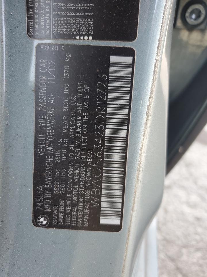 2003 Bmw 745 Li Turquoise vin: WBAGN63423DR12723