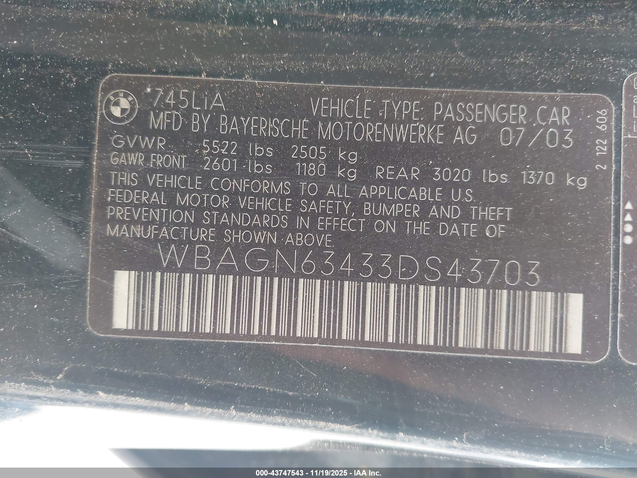 2003 Bmw 745li   Black vin: WBAGN63433DS43703