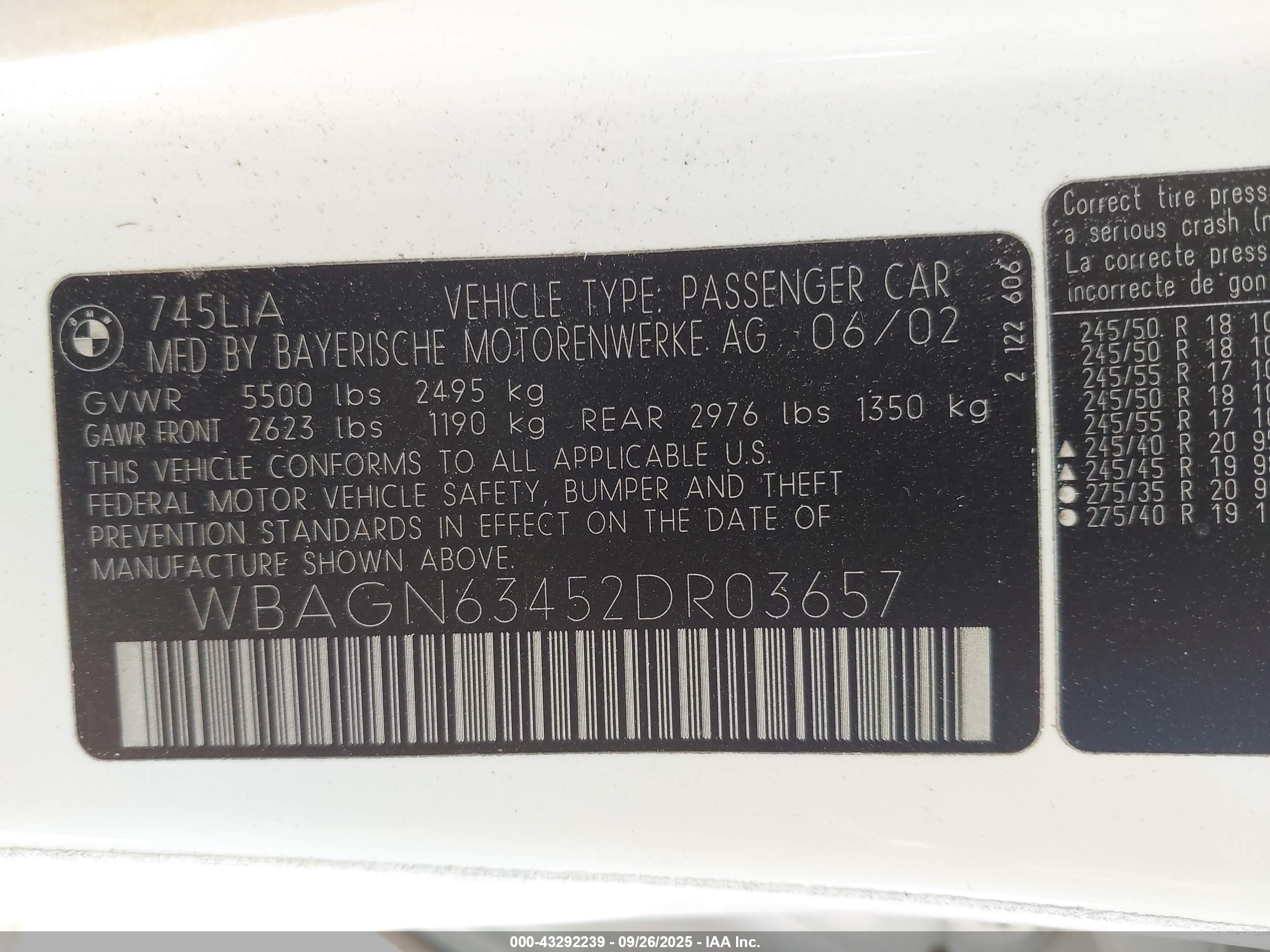2002 Bmw 745li   White vin: WBAGN63452DR03657