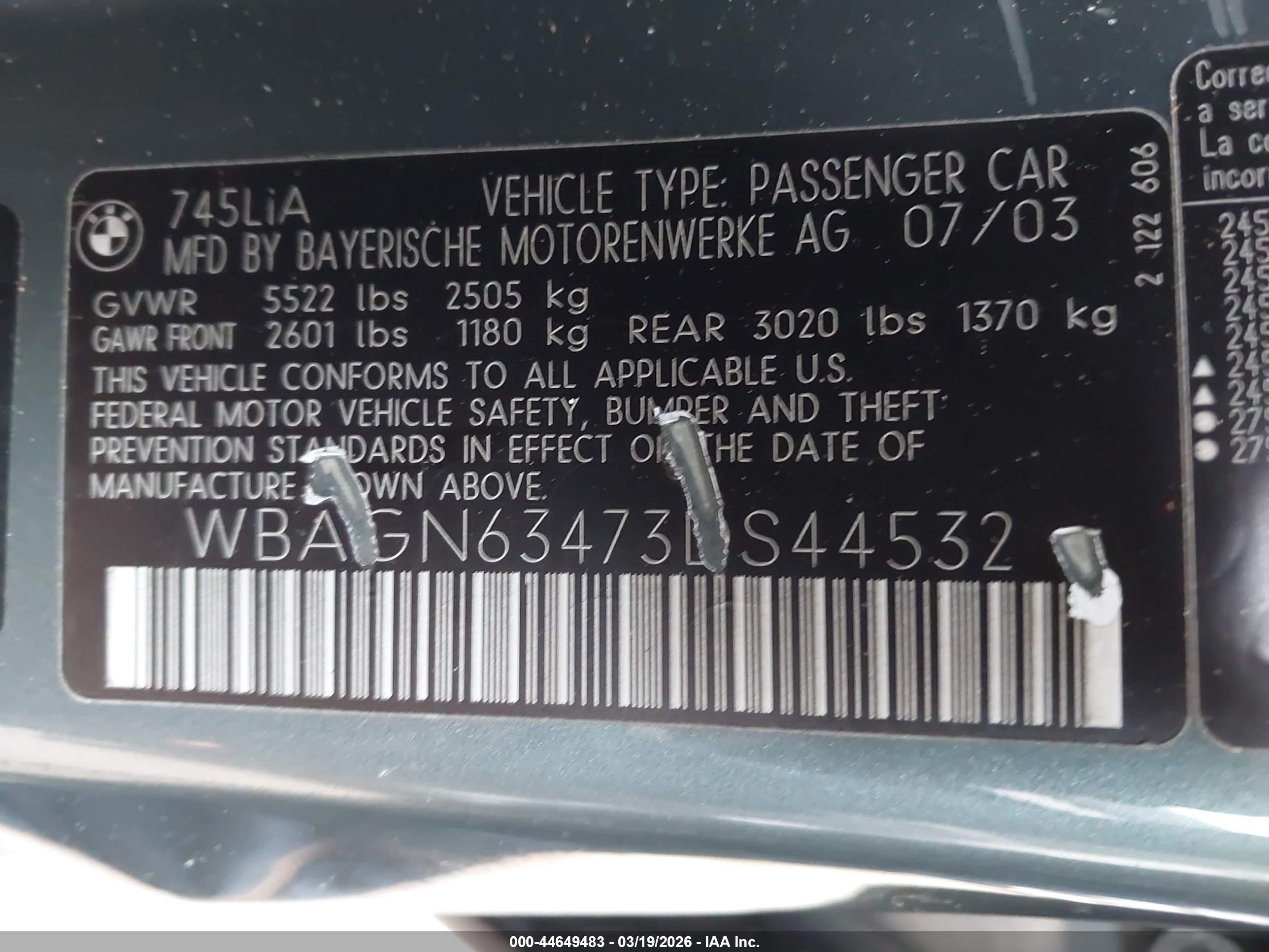 2003 Bmw 745li   Blue vin: WBAGN63473DS44532