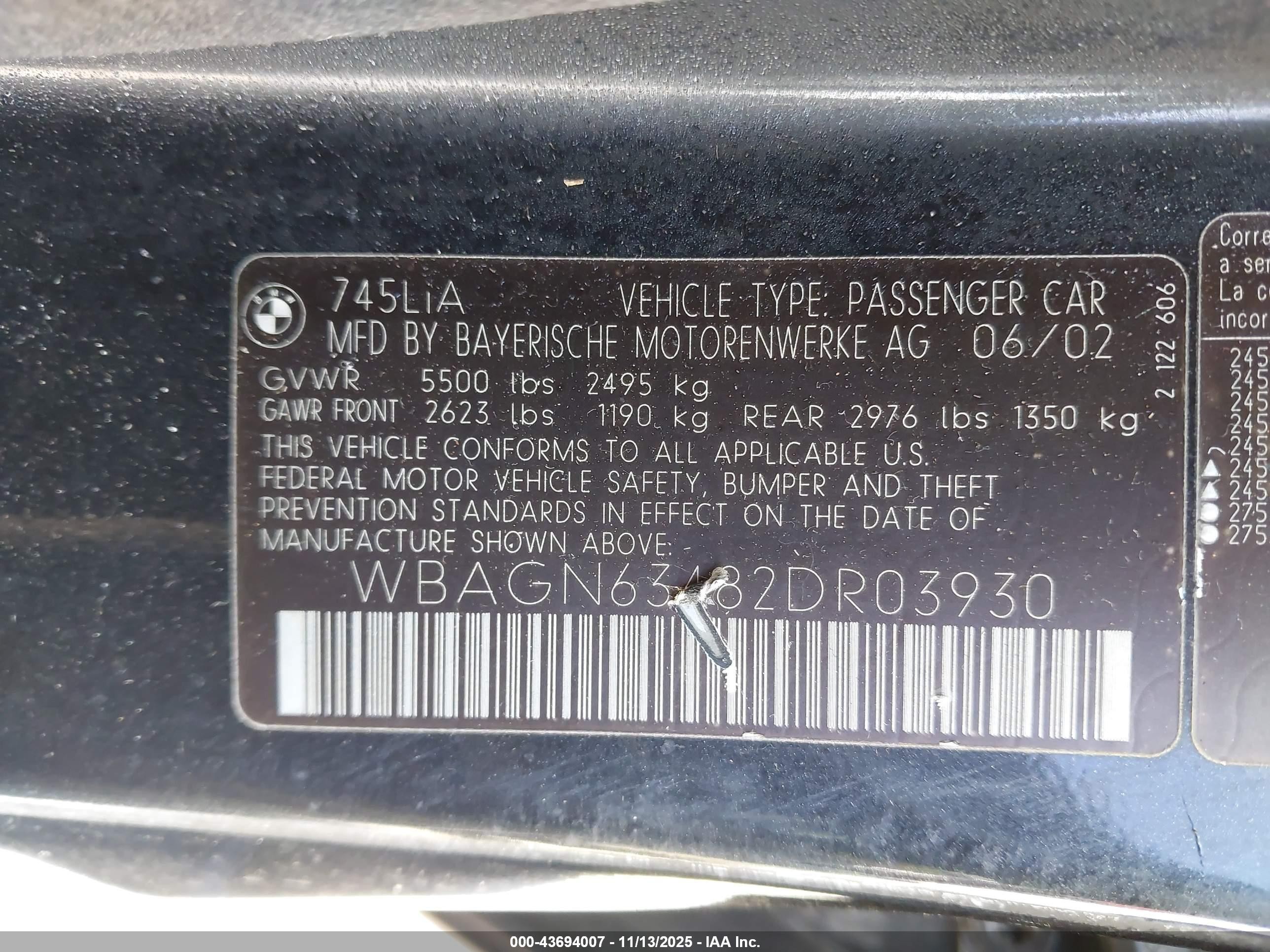 2002 Bmw 745li   Gray vin: WBAGN63482DR03930