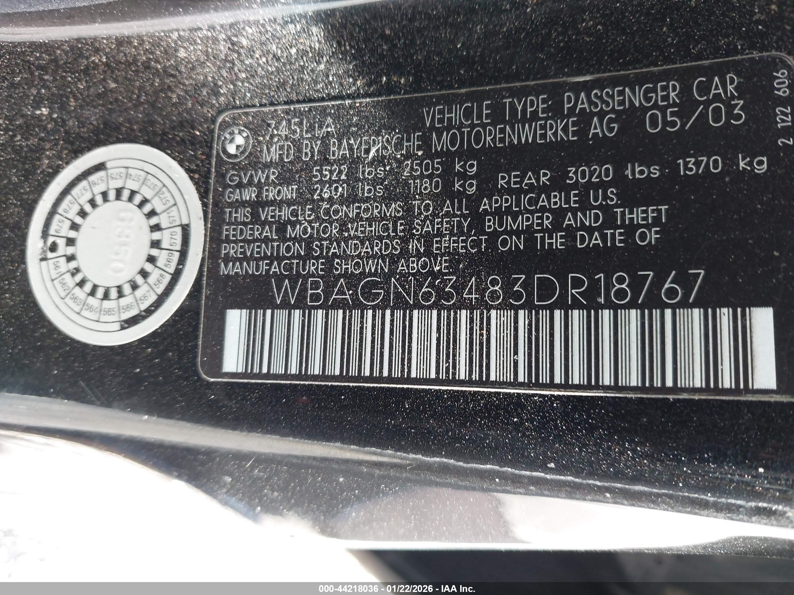 2003 Bmw 745li   Black vin: WBAGN63483DR18767