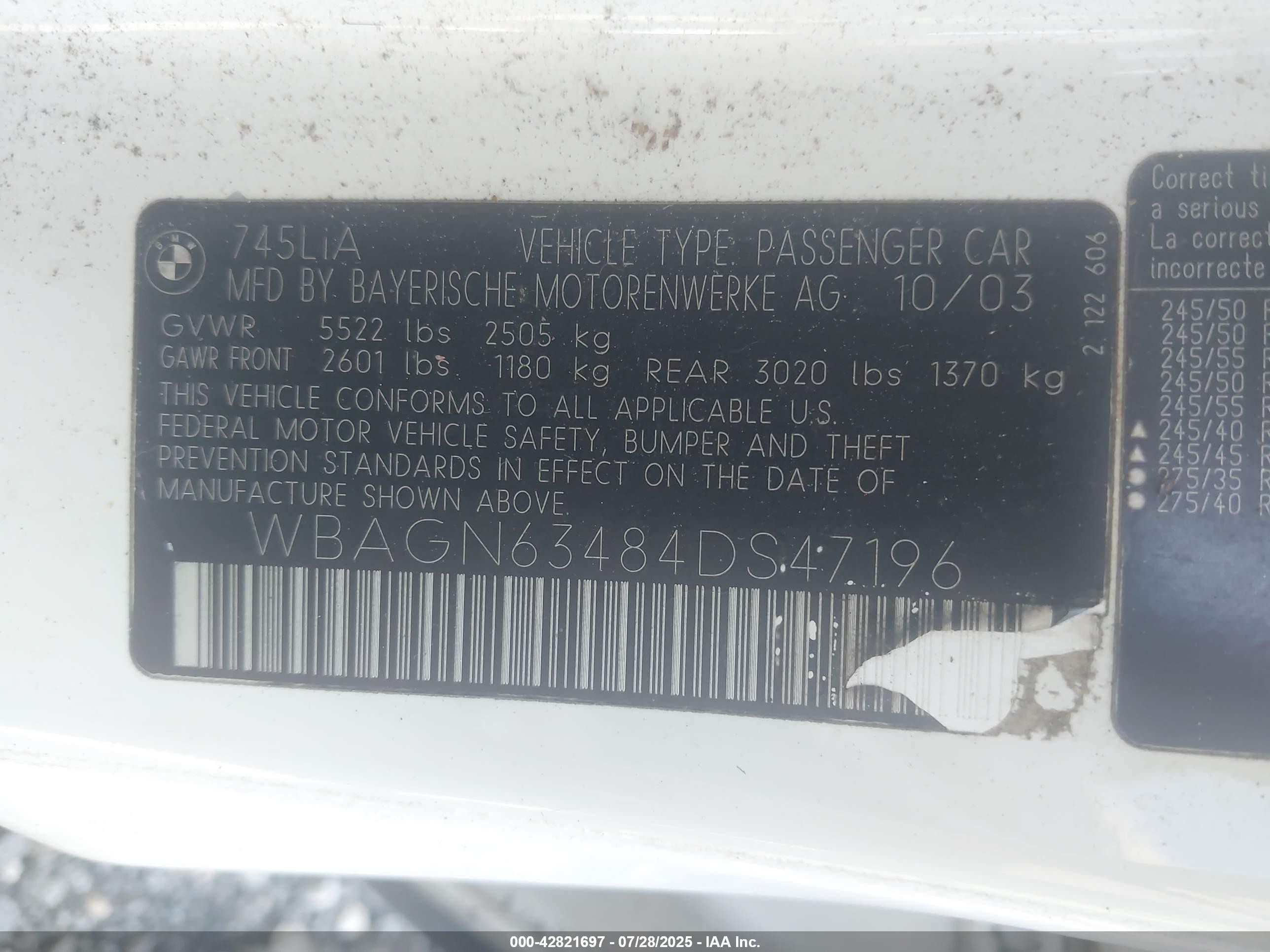 2004 Bmw 745li   White vin: WBAGN63484DS47196