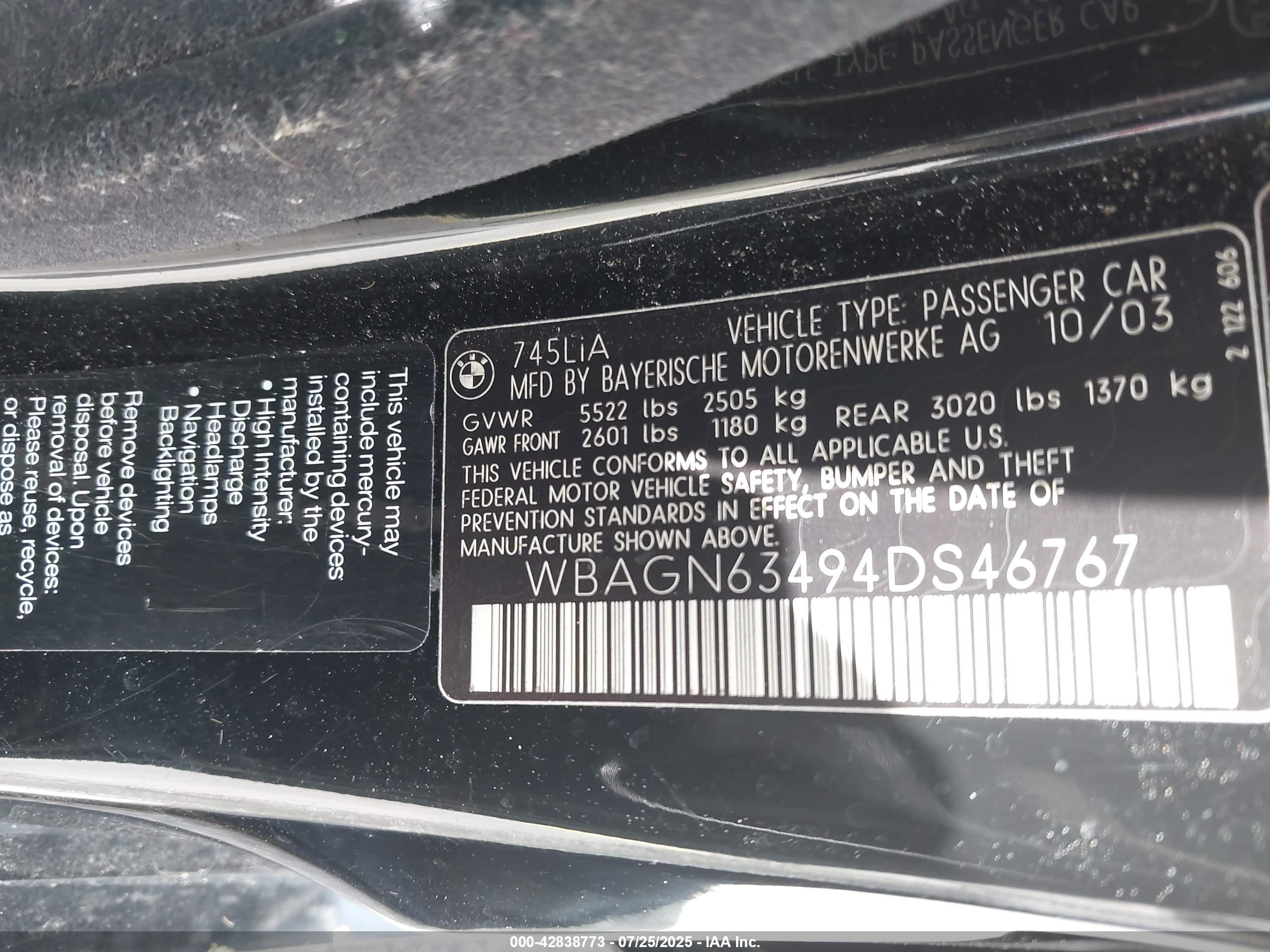 2004 Bmw 745li   Black vin: WBAGN63494DS46767