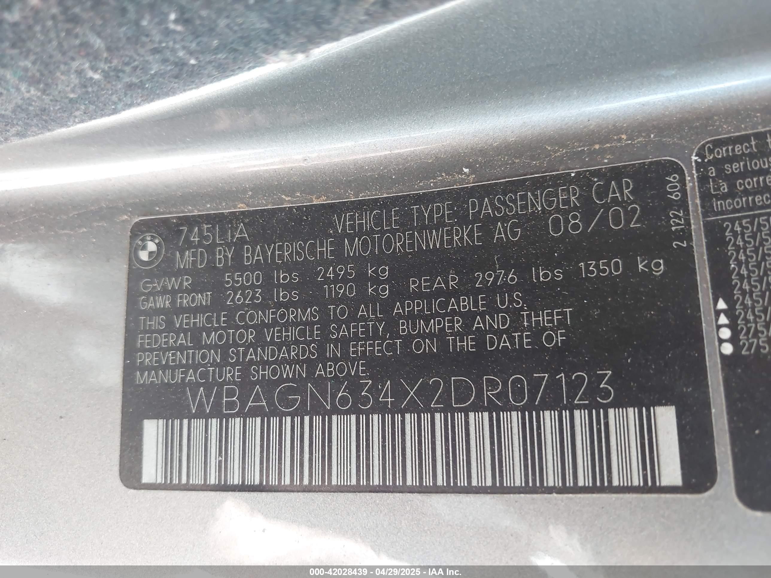 2002 Bmw 7 Series 745li Gray vin: WBAGN634X2DR07123