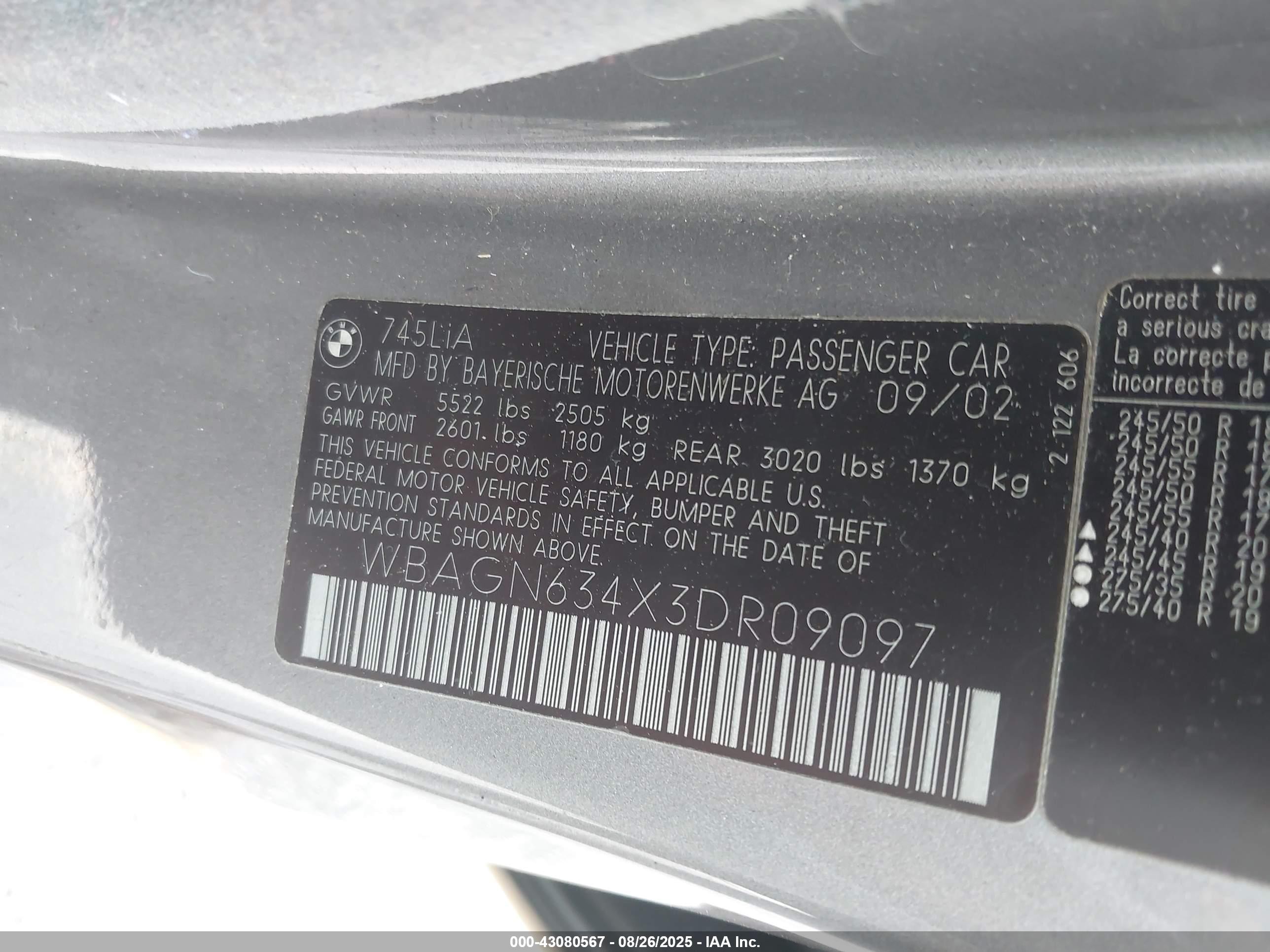 2003 Bmw 745li   Gray vin: WBAGN634X3DR09097