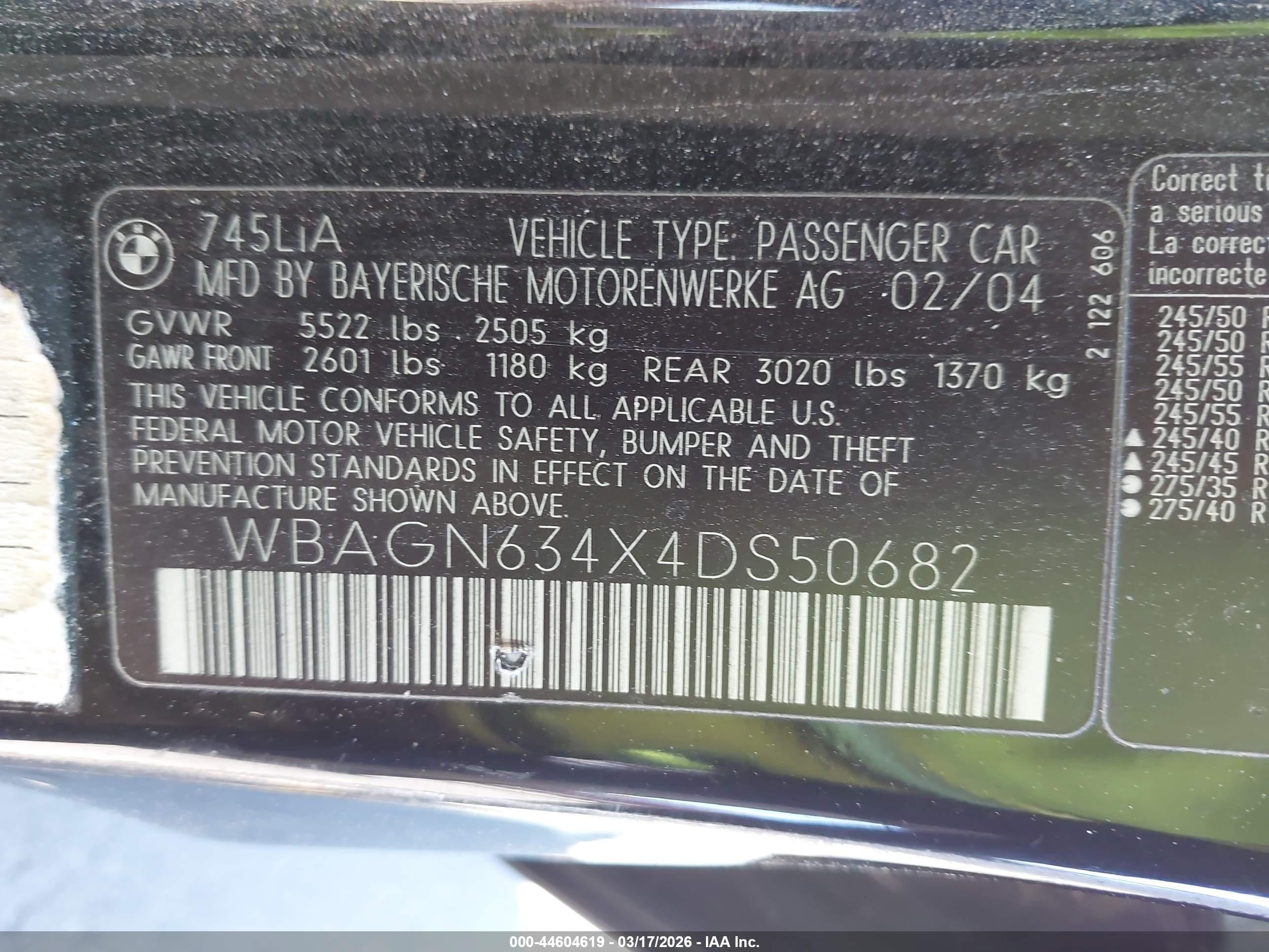 2004 Bmw 745li   Black vin: WBAGN634X4DS50682