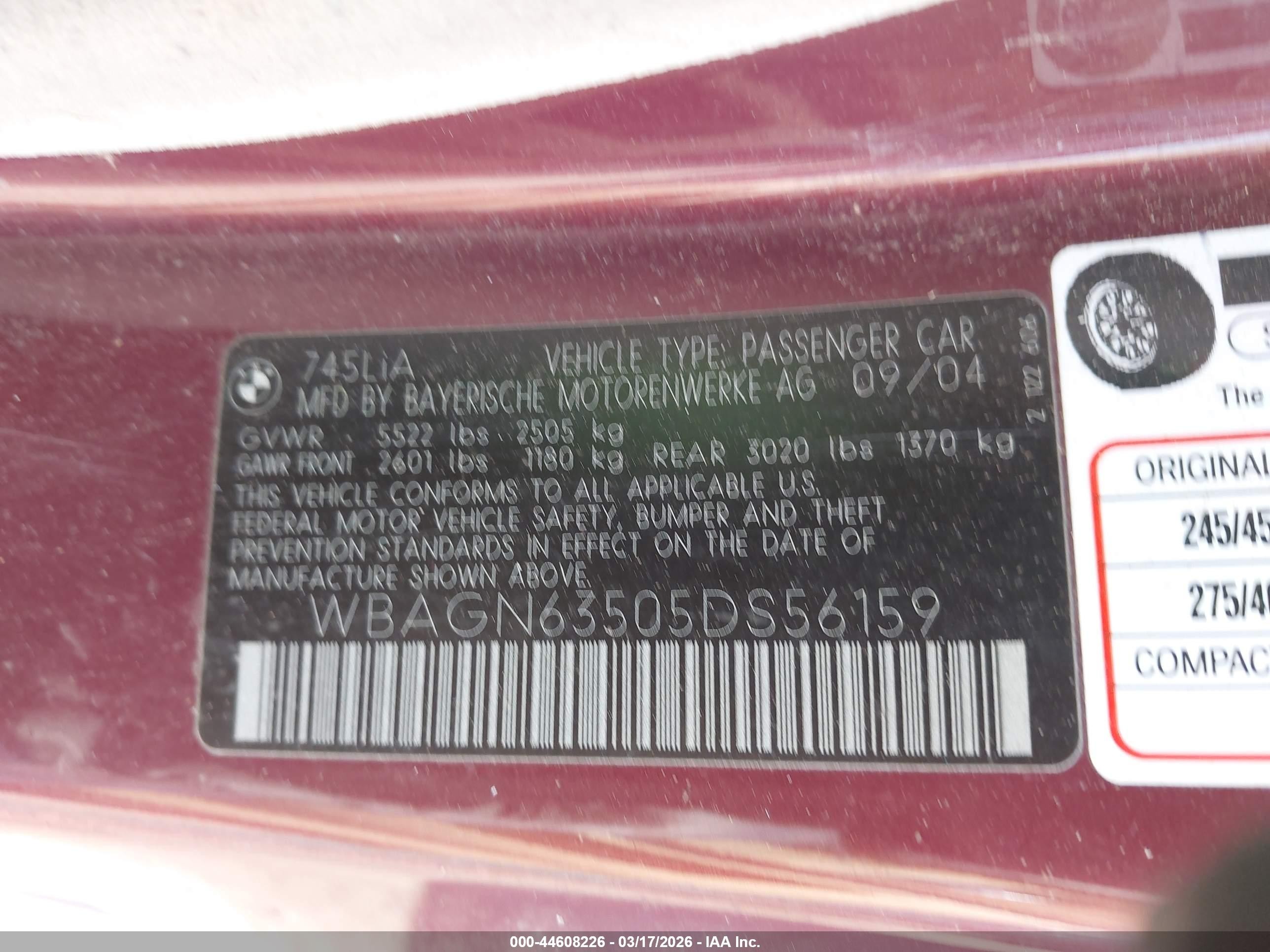 2005 Bmw 745li   Burgundy vin: WBAGN63505DS56159