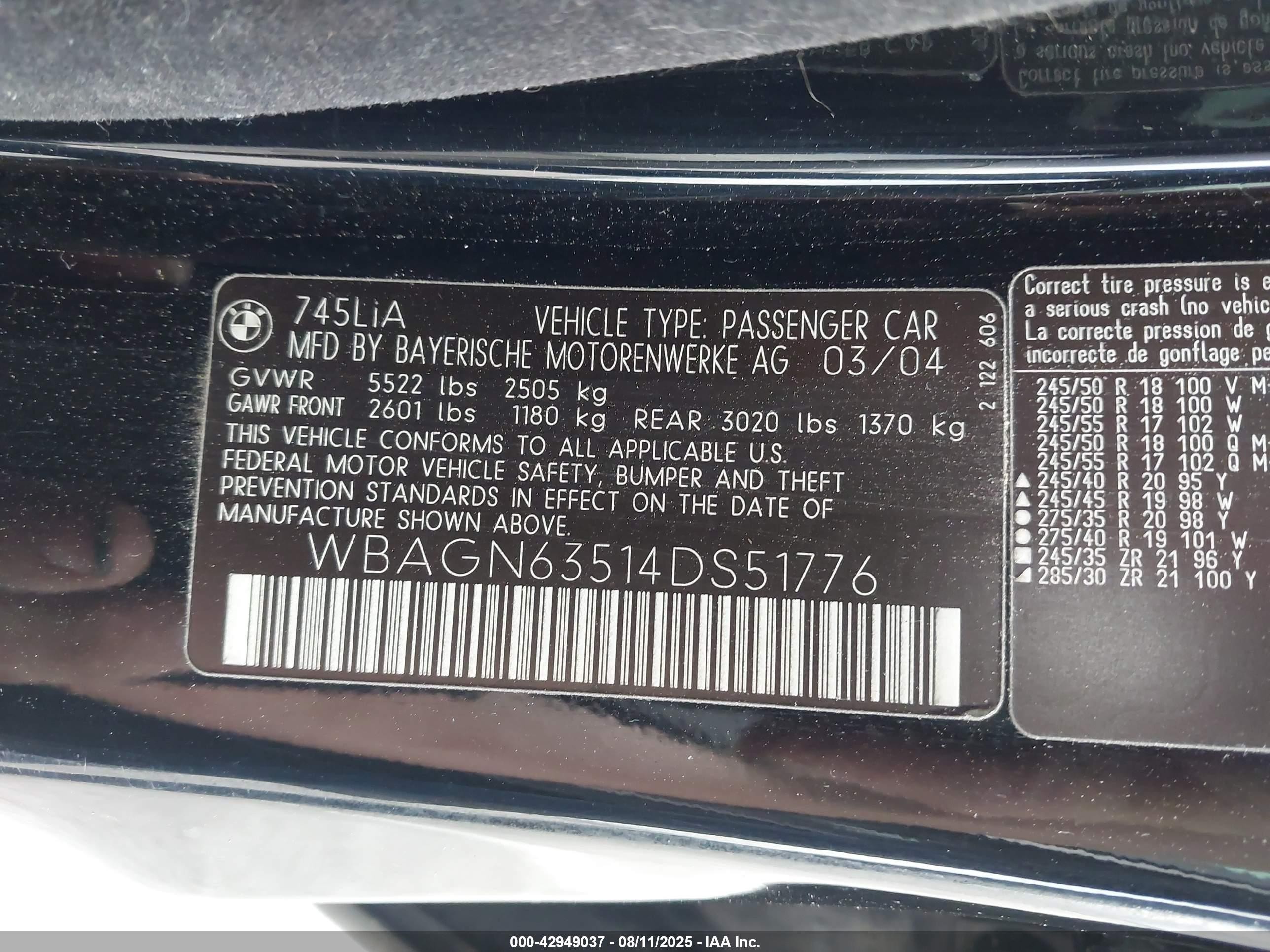 2004 Bmw 745li   Black vin: WBAGN63514DS51776