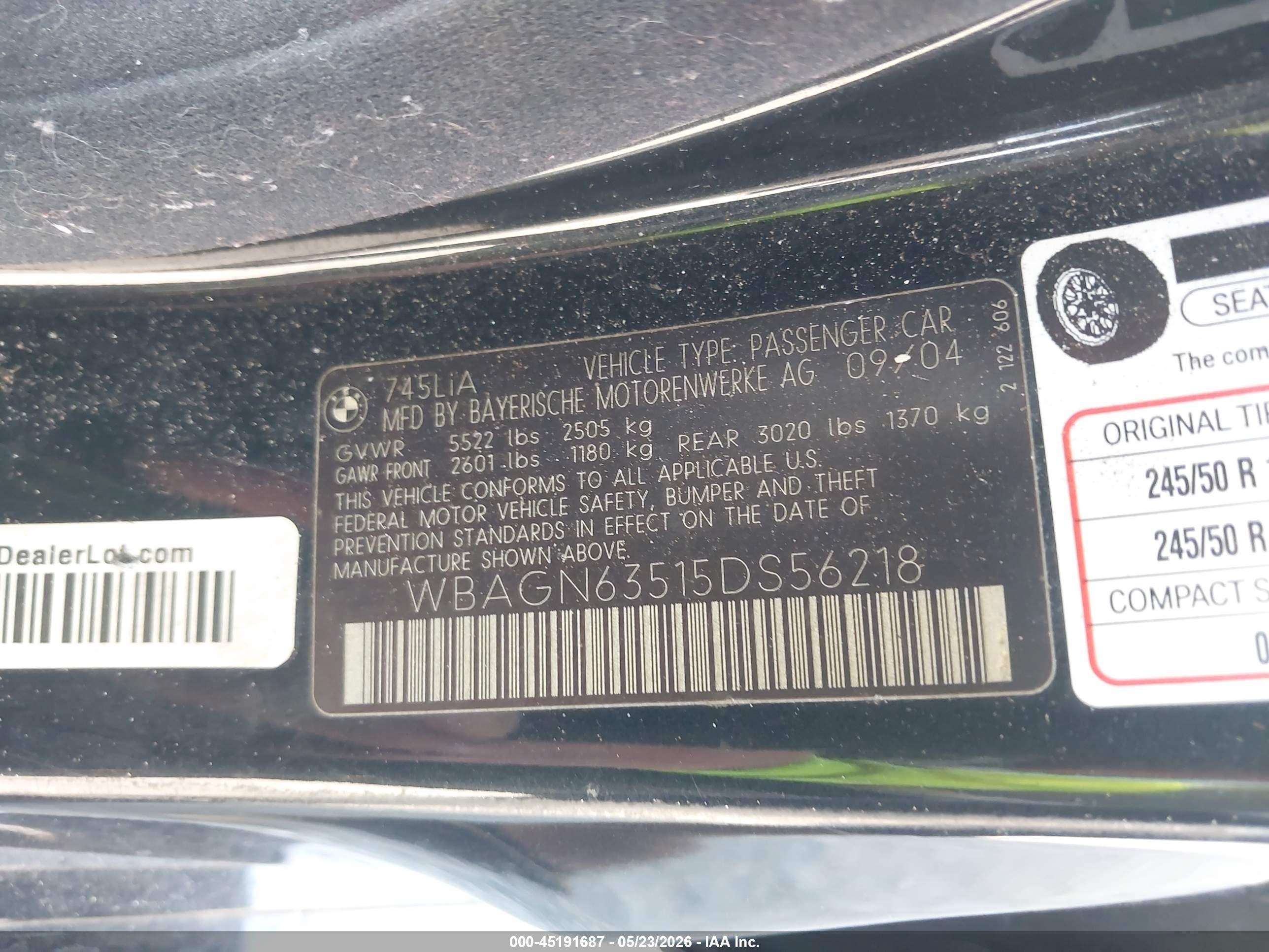 2005 Bmw 745li   Black vin: WBAGN63515DS56218