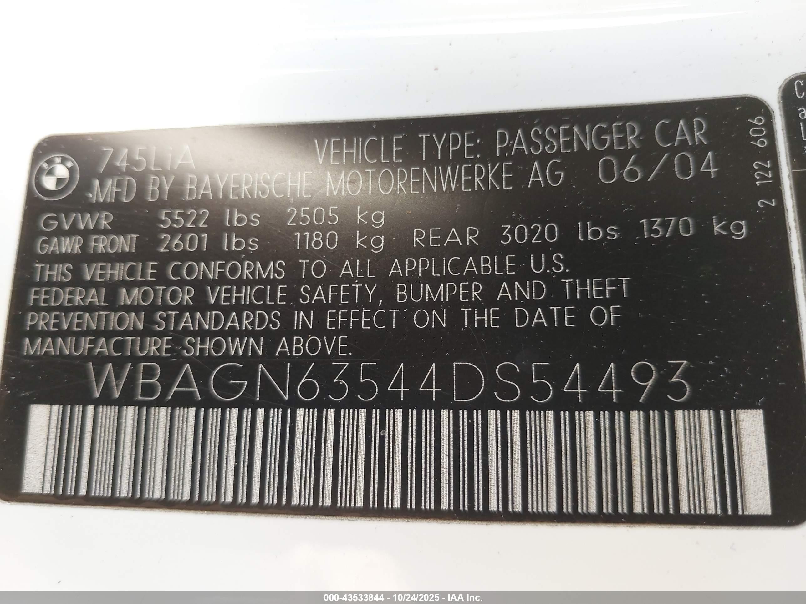 2004 Bmw 745li   Белый vin: WBAGN63544DS54493