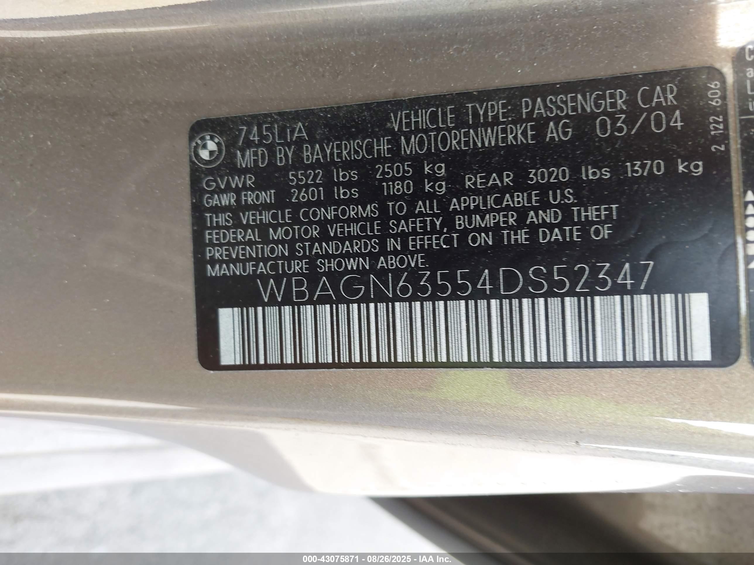 2004 Bmw 745li   Gray vin: WBAGN63554DS52347