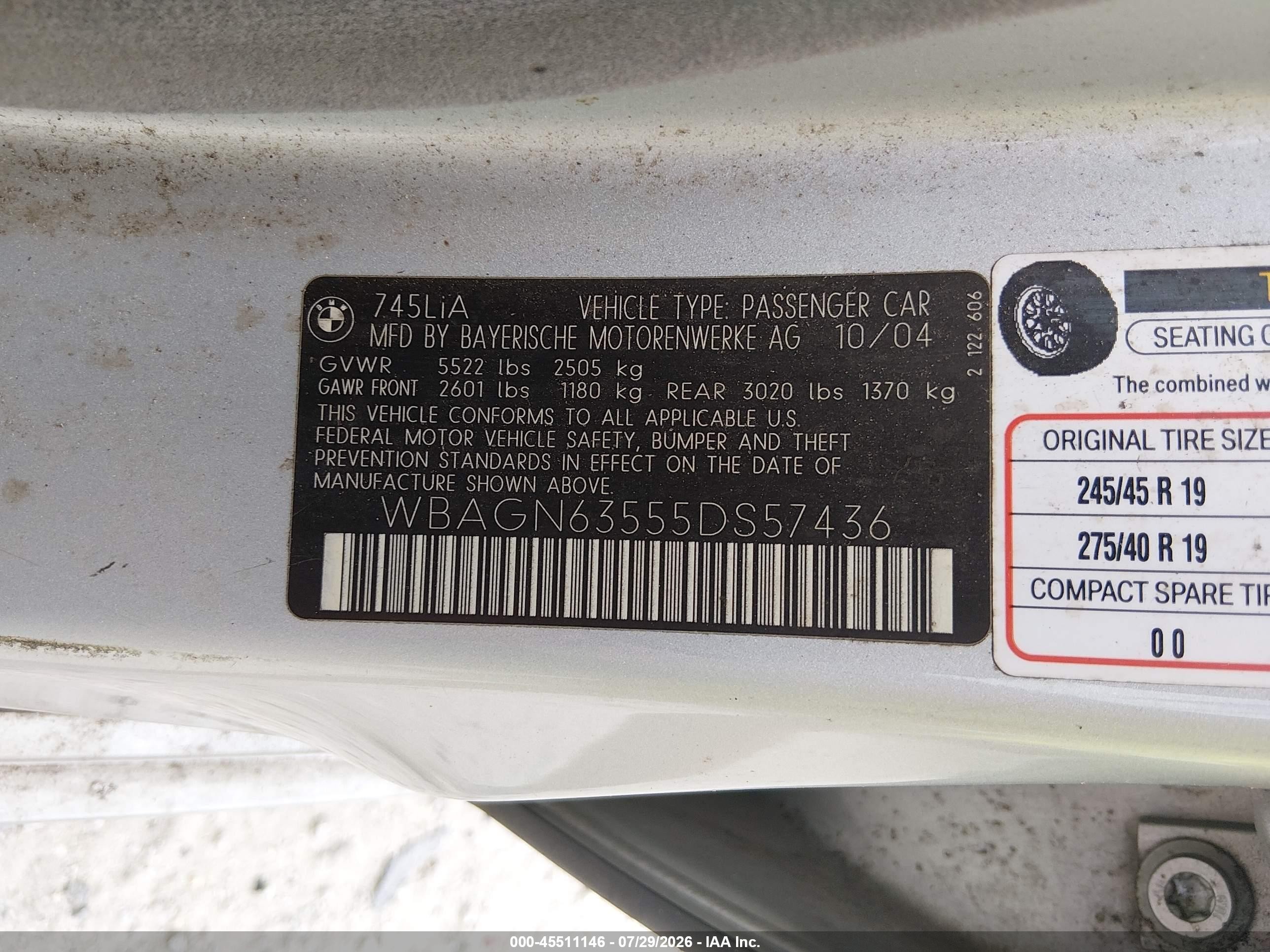 2005 Bmw 745li   Silver vin: WBAGN63555DS57436