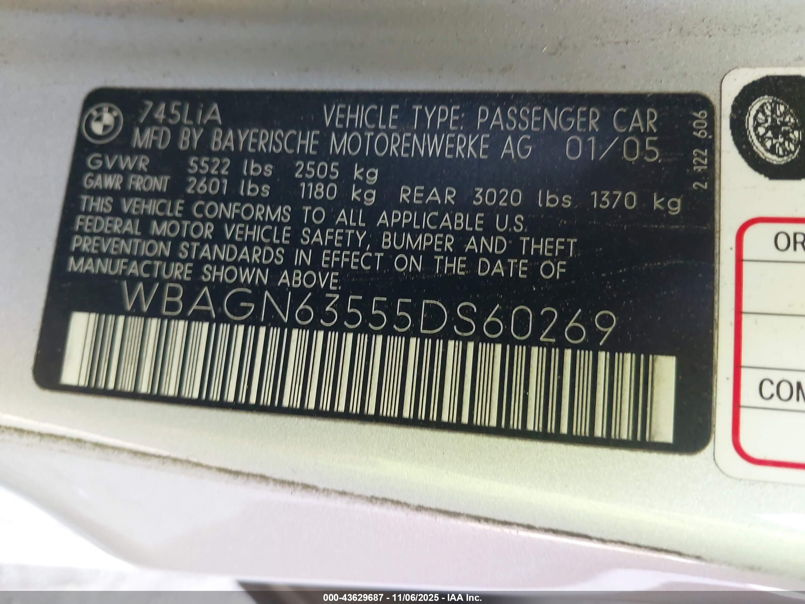 2005 Bmw 745li   Silver vin: WBAGN63555DS60269