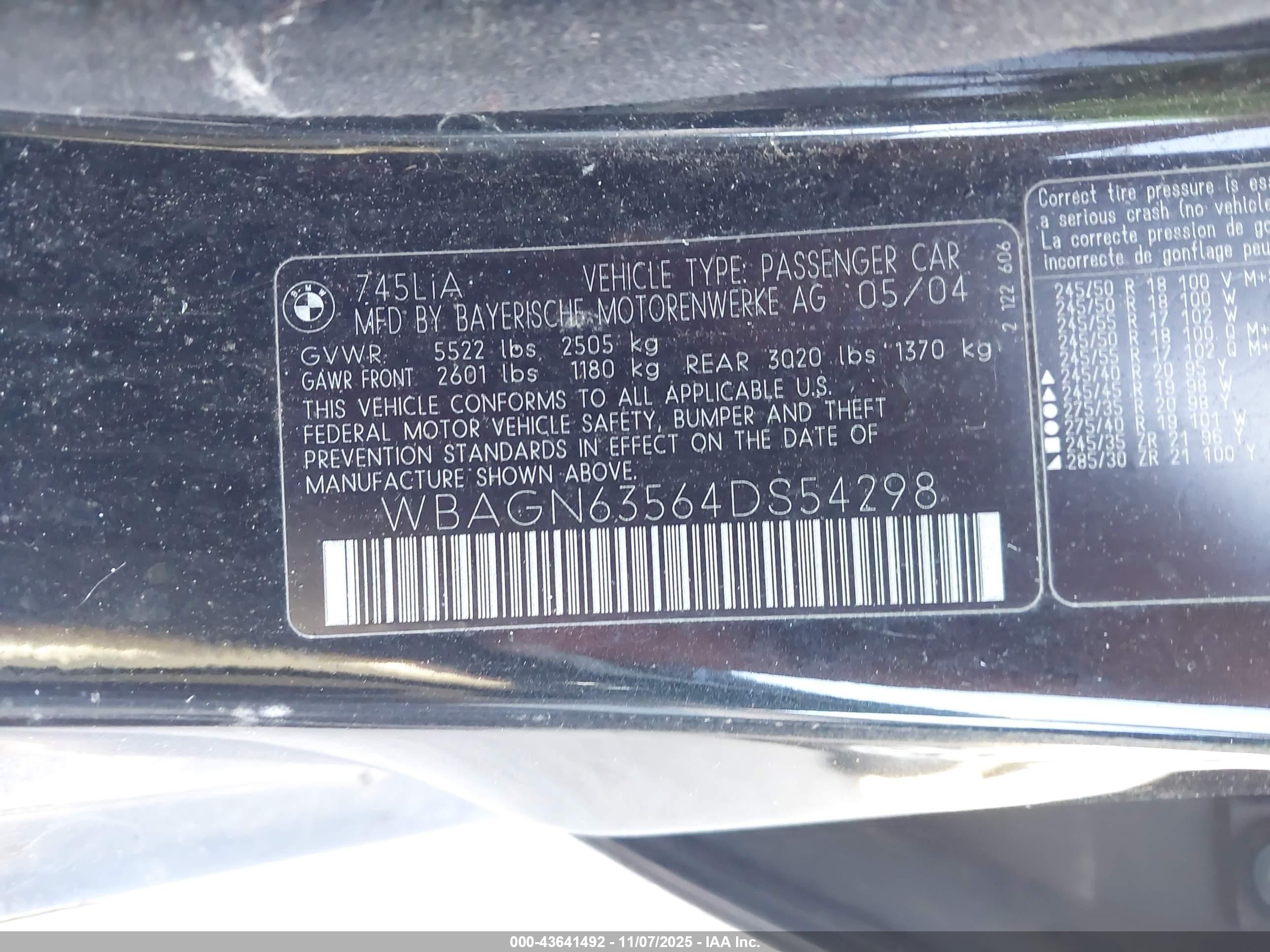 2004 Bmw 745li   Black vin: WBAGN63564DS54298