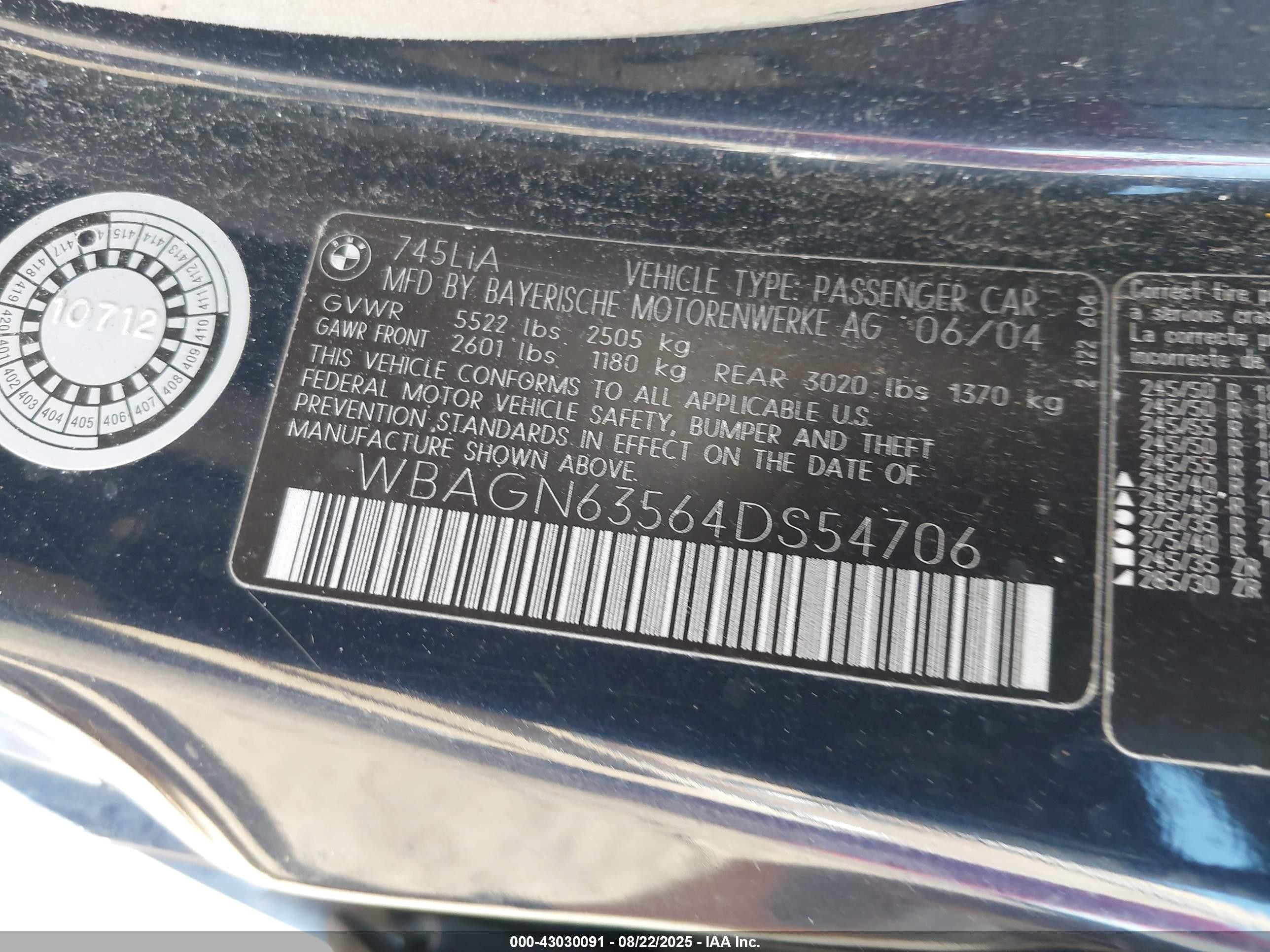 2004 Bmw 745li   Blue vin: WBAGN63564DS54706