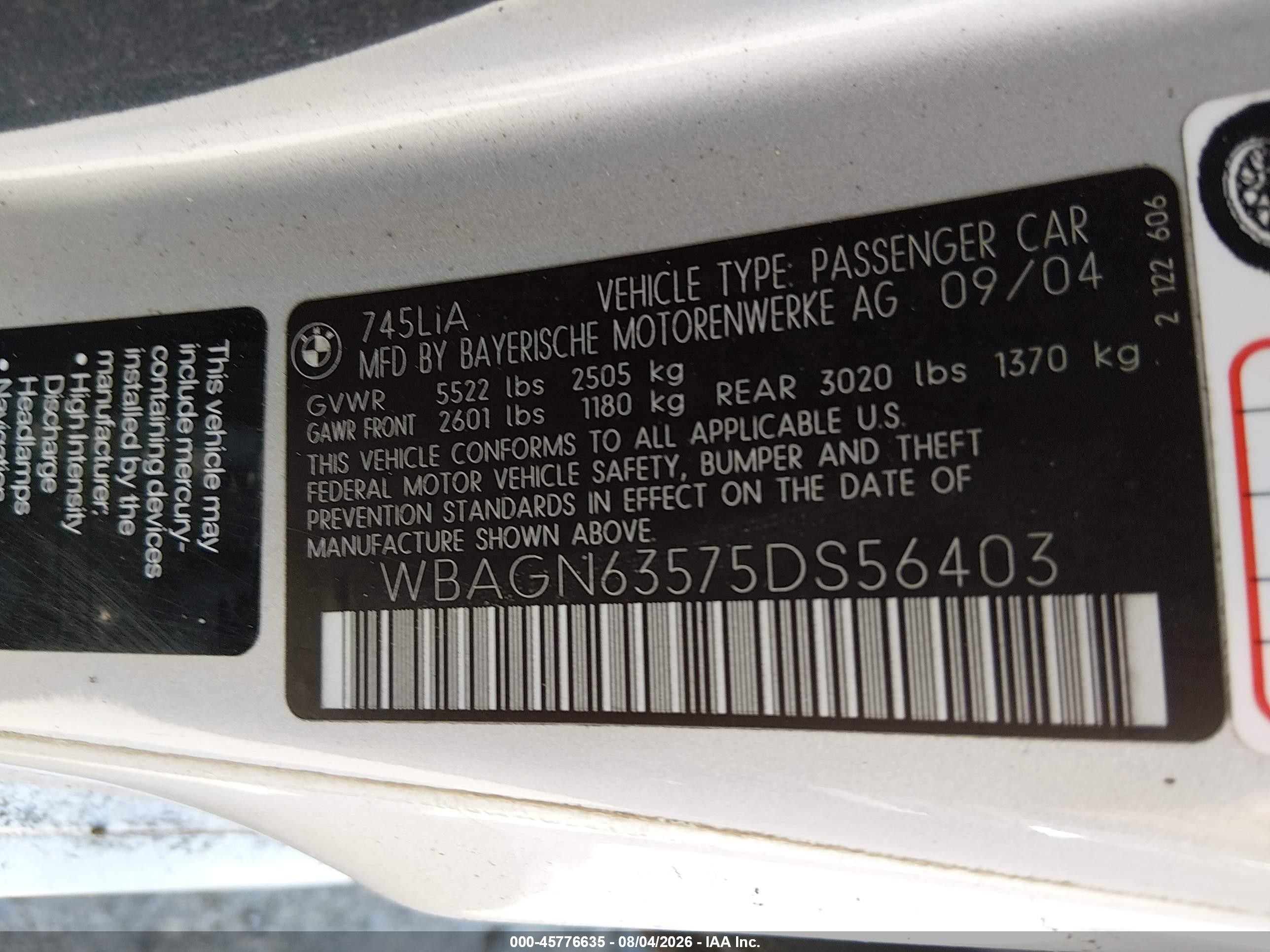 2005 Bmw 745li   Silver vin: WBAGN63575DS56403