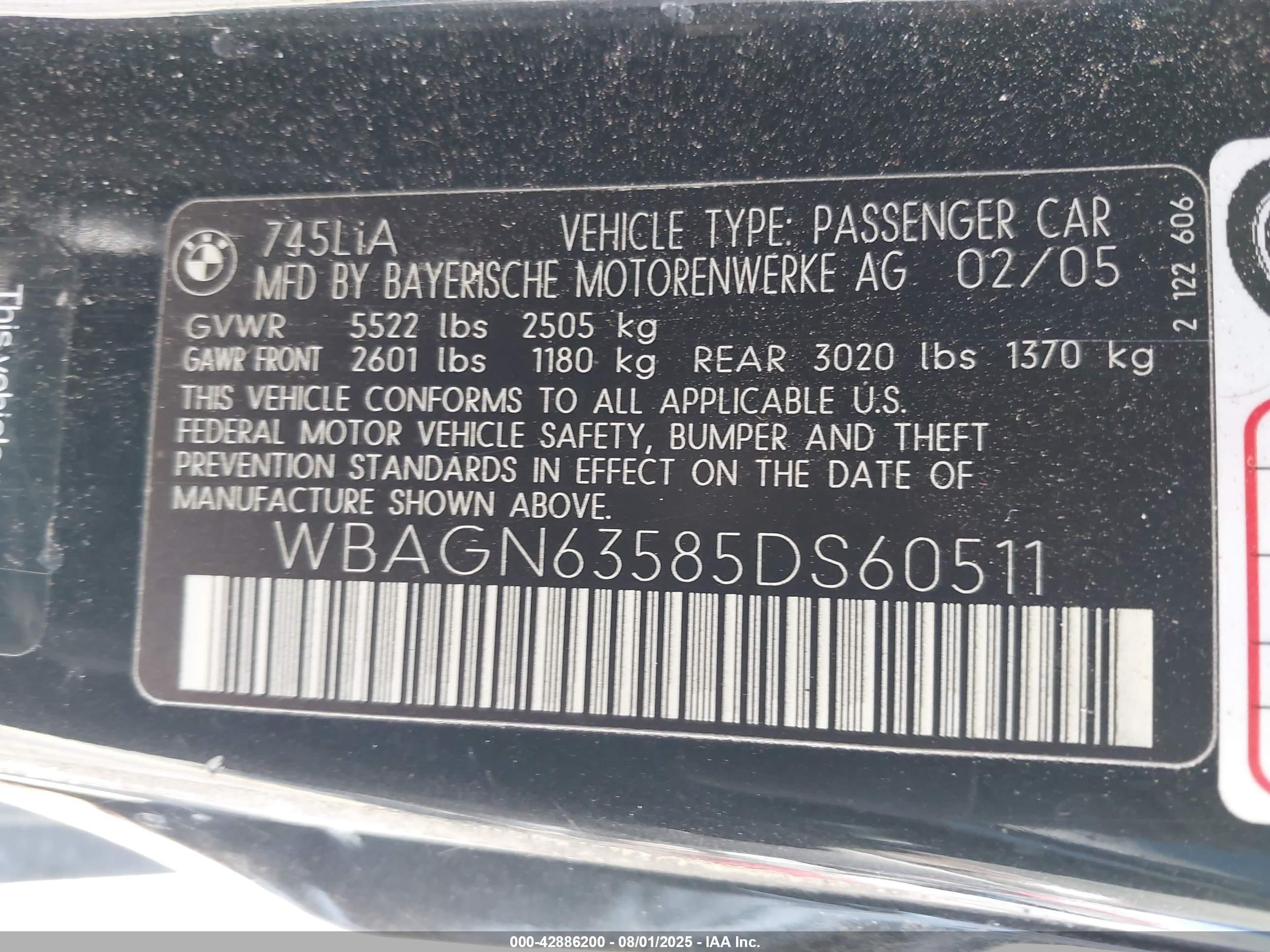 2005 Bmw 745li   Черный vin: WBAGN63585DS60511
