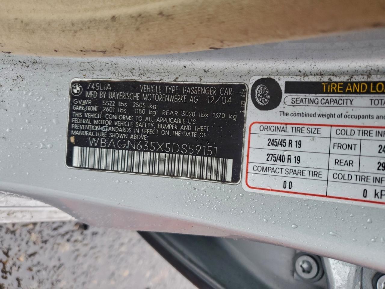 2005 Bmw 745 Li Silver vin: WBAGN635X5DS59151