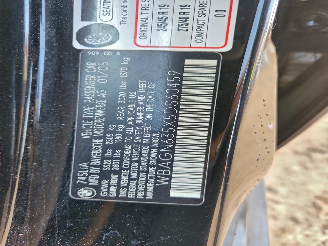 2005 Bmw 745 Li Black vin: WBAGN635X5DS60459