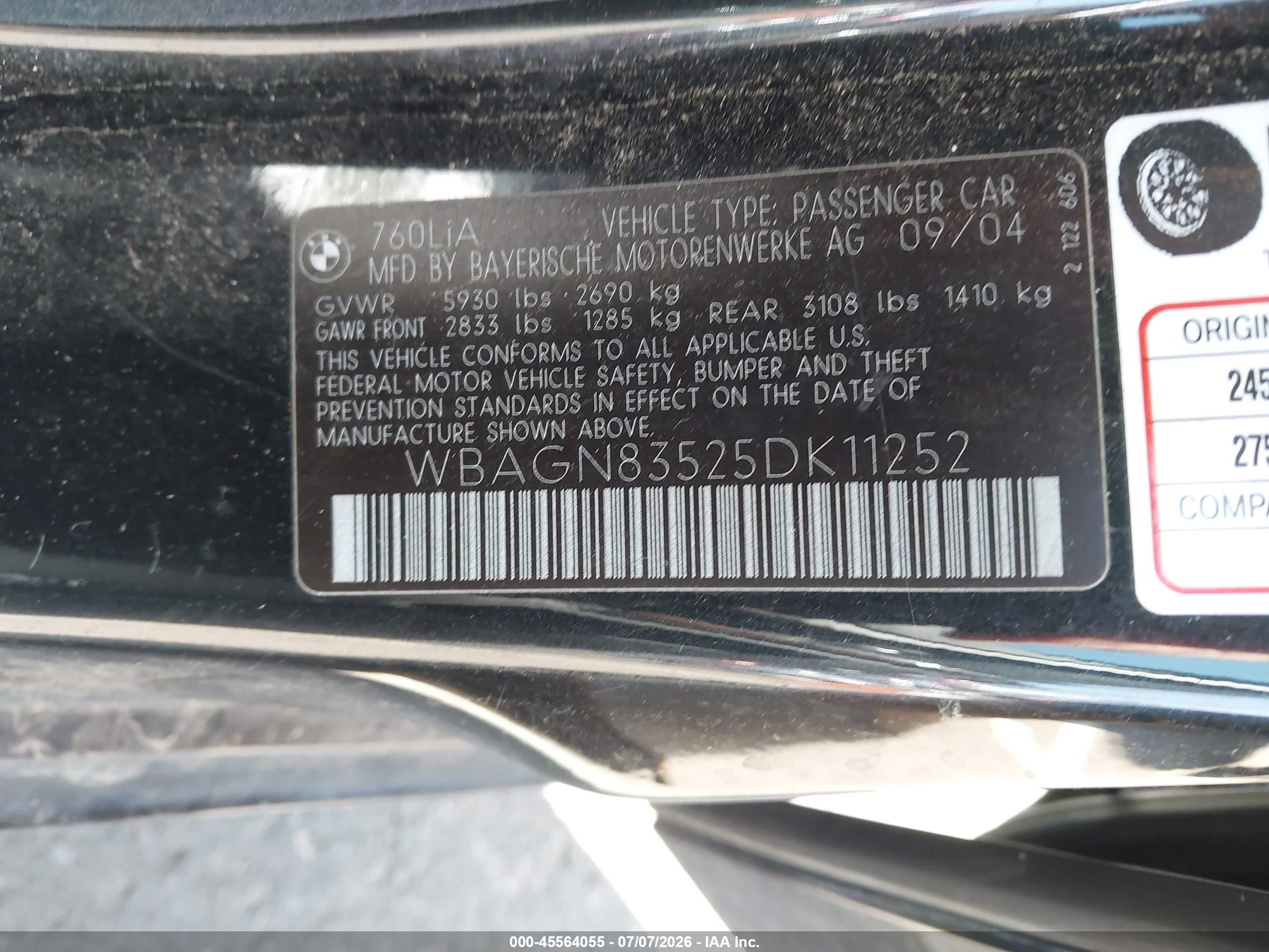 2005 Bmw 760li   Black vin: WBAGN83525DK11252