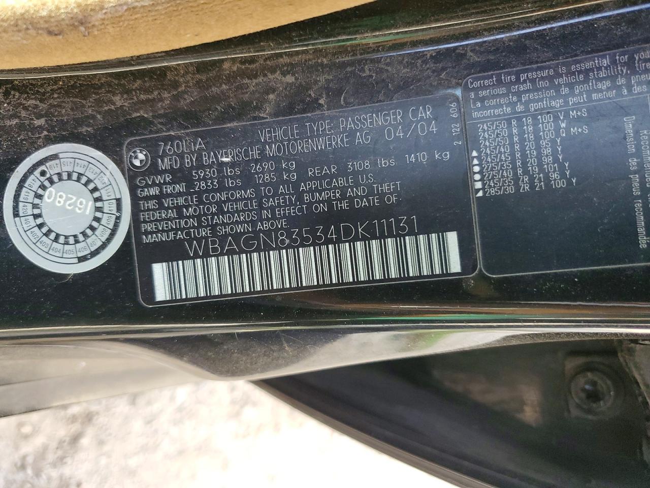 2004 Bmw 760 Li Black vin: WBAGN83534DK11131