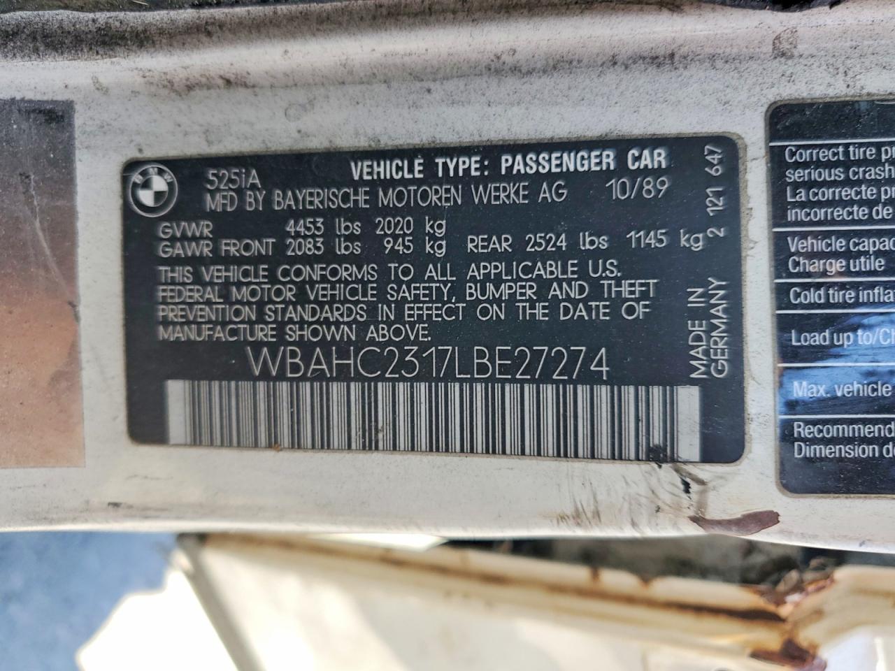 1990 Bmw 525 I Automatic White vin: WBAHC2317LBE27274