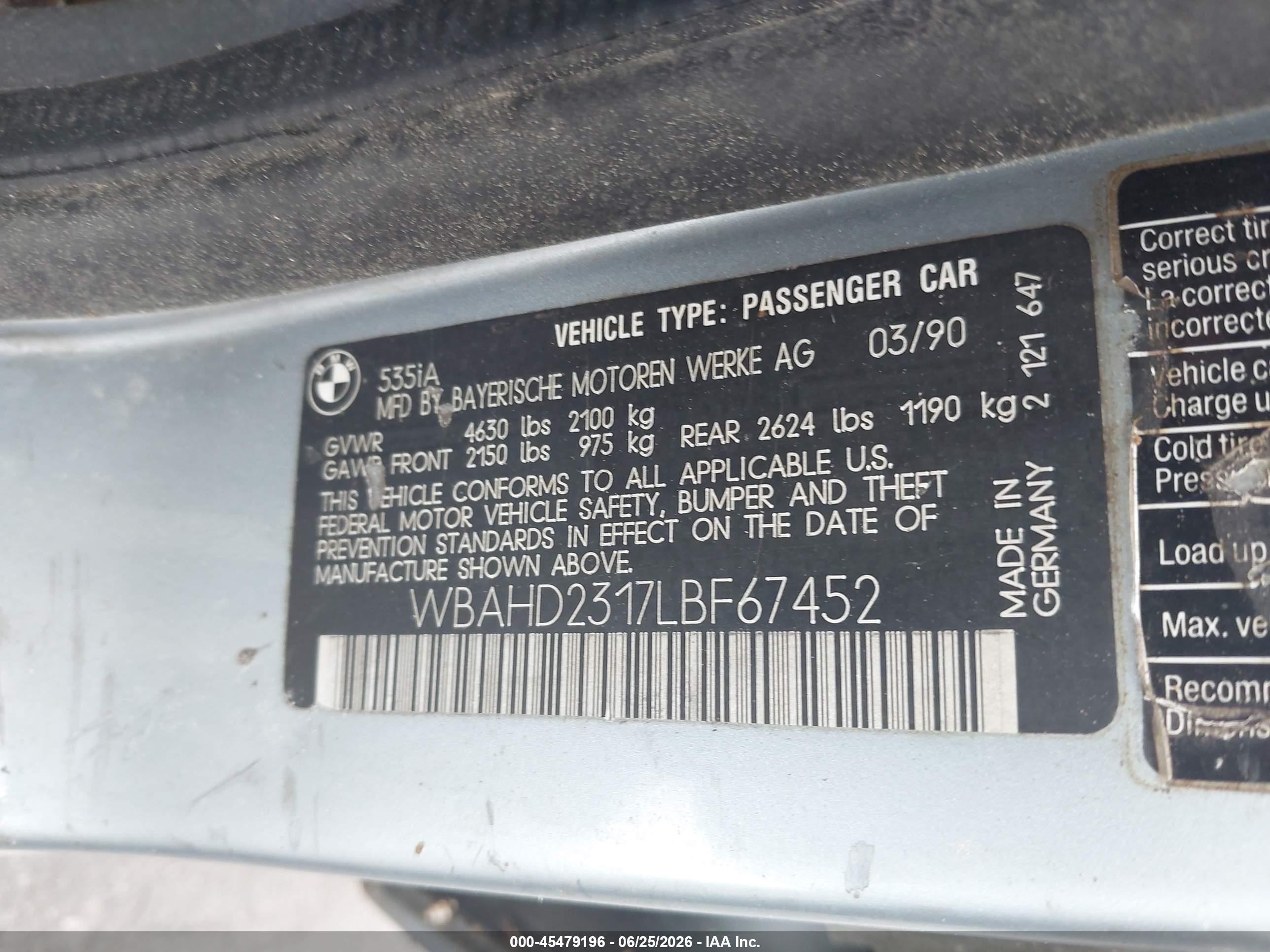 1990 Bmw 535 I Automatic Blue vin: WBAHD2317LBF67452
