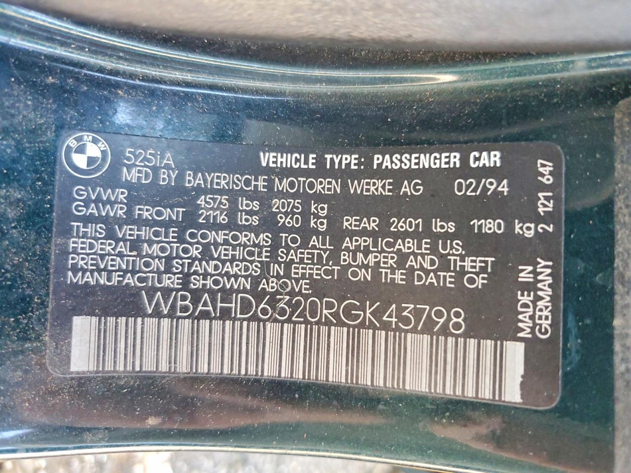 1994 Bmw 525 I Automatic Green vin: WBAHD6320RGK43798
