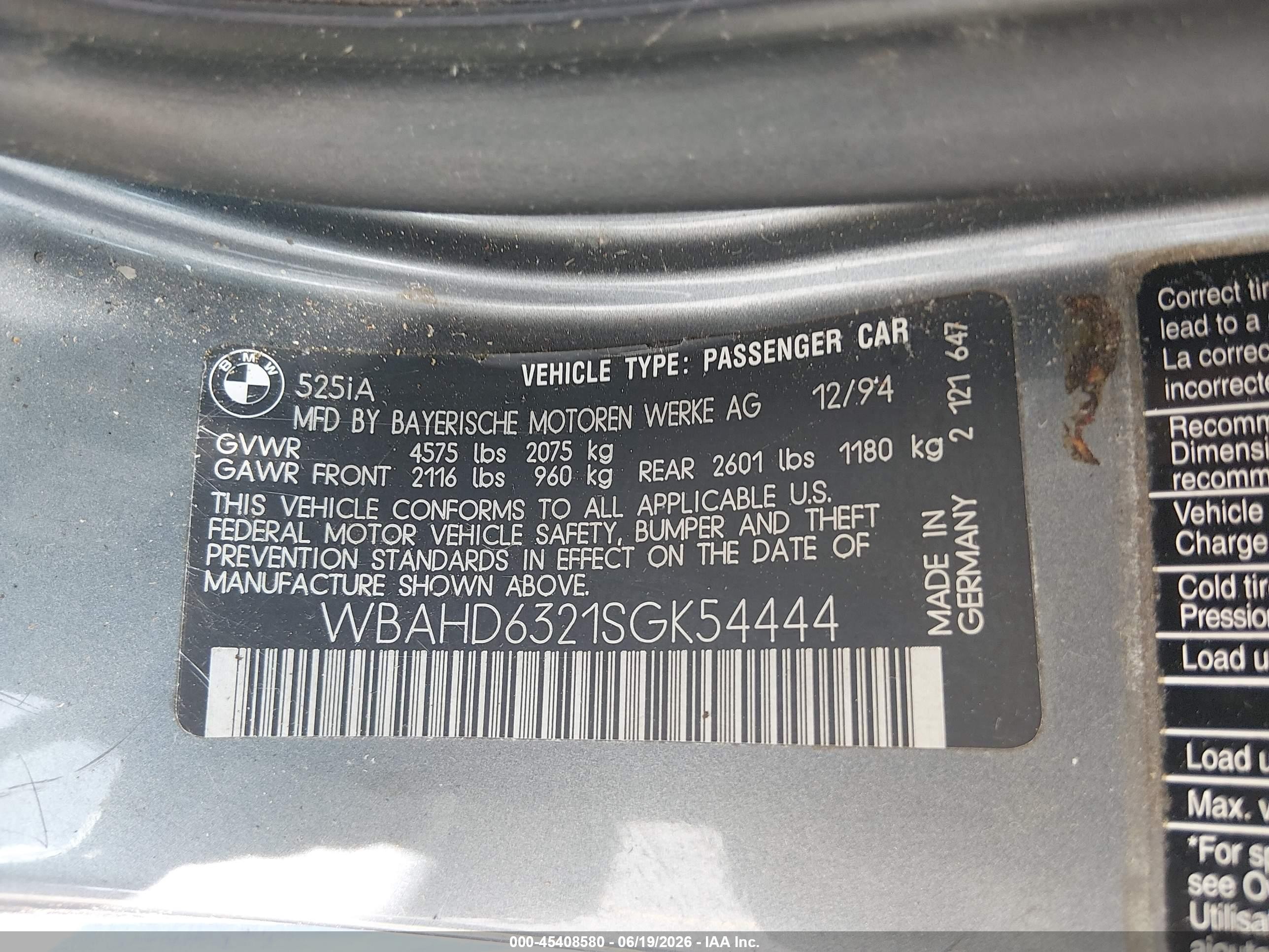 1995 Bmw 525 I Automatic Silver vin: WBAHD6321SGK54444