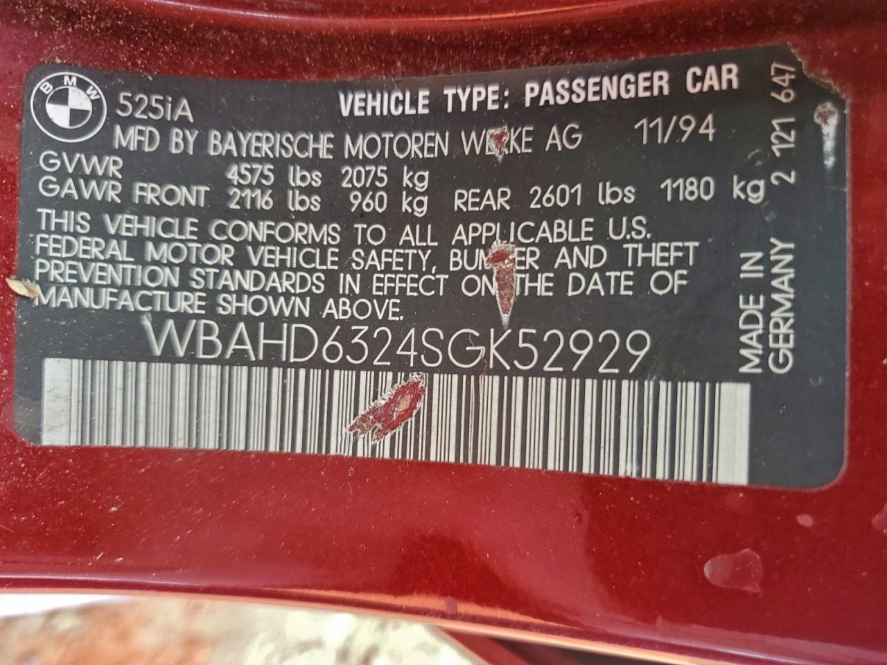 1995 Bmw 525 I Automatic Maroon vin: WBAHD6324SGK52929