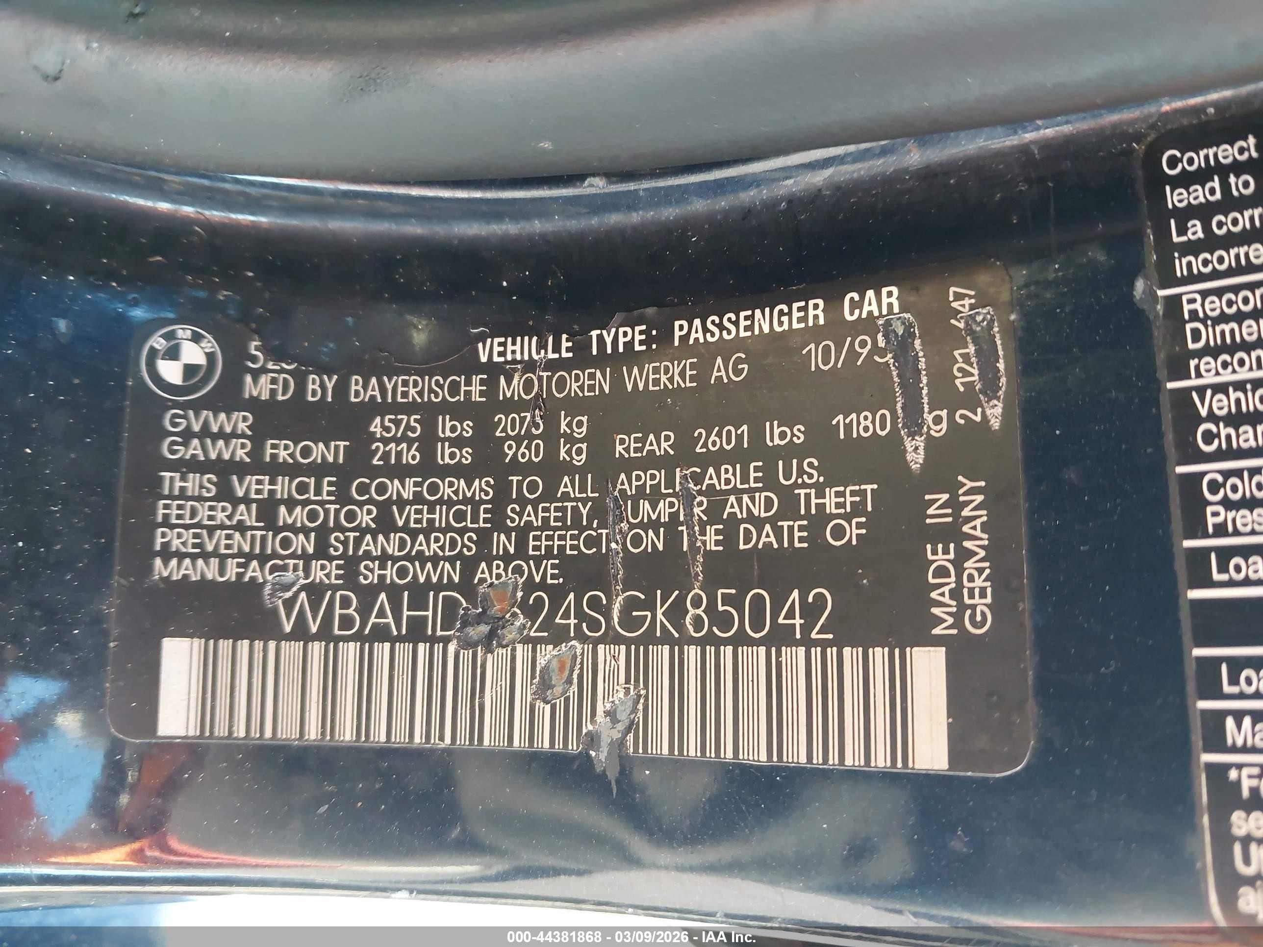 1995 Bmw 525 I Automatic Черный vin: WBAHD6324SGK85042