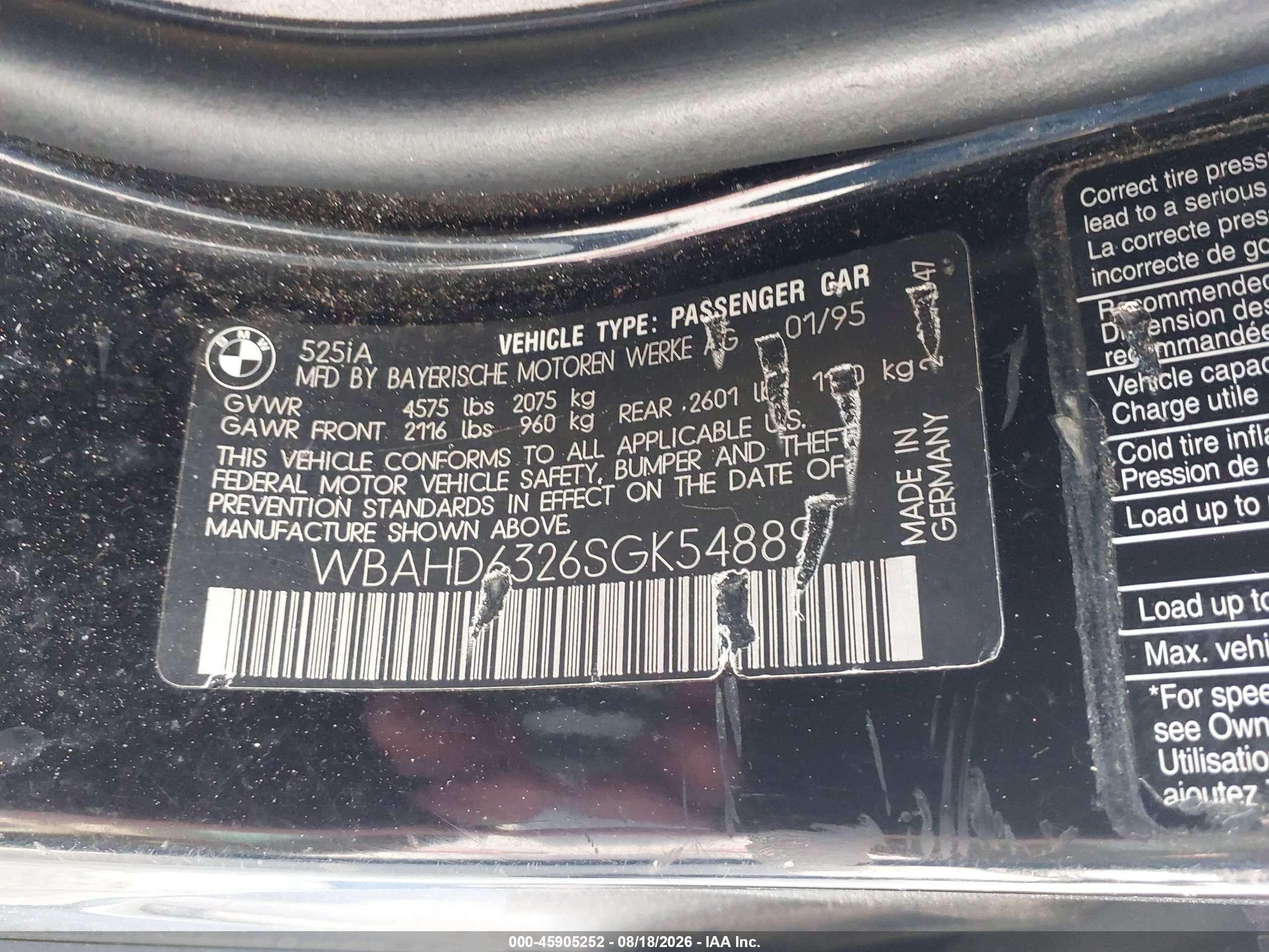 1995 Bmw 525 I Automatic Black vin: WBAHD6326SGK54889