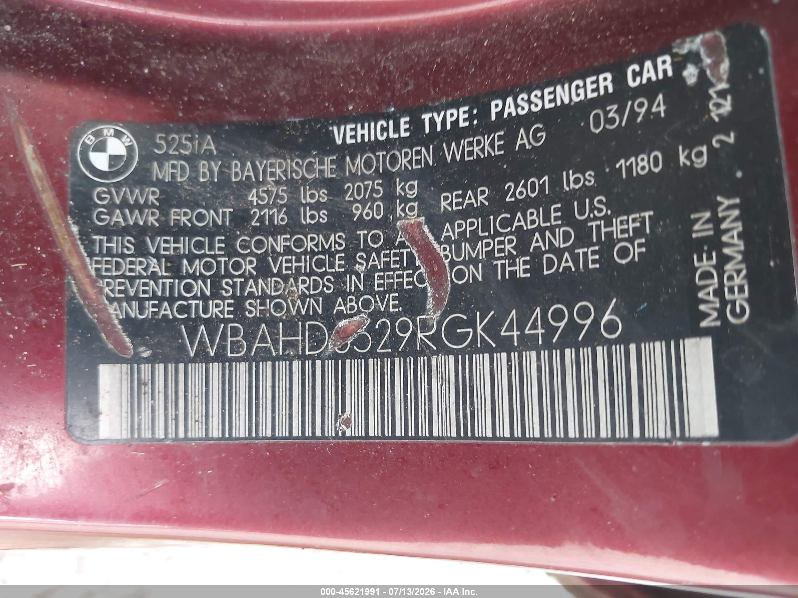 1994 Bmw 525 I Automatic Red vin: WBAHD6329RGK44996