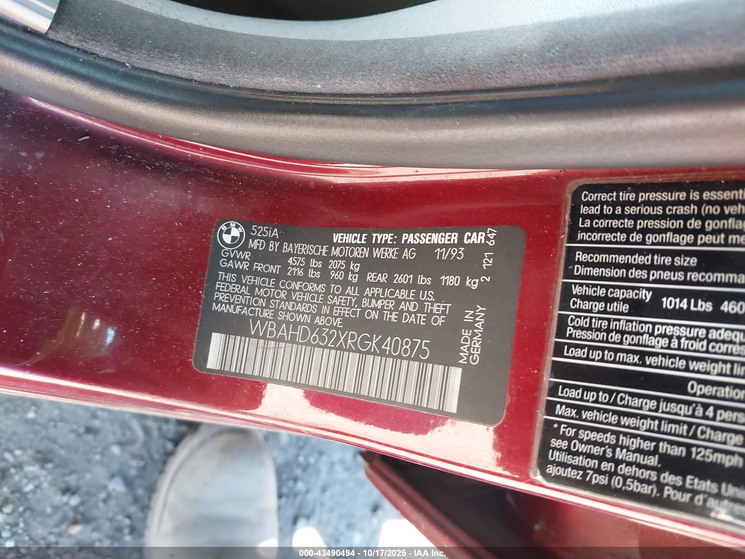 1994 Bmw 525 I Automatic Red vin: WBAHD632XRGK40875