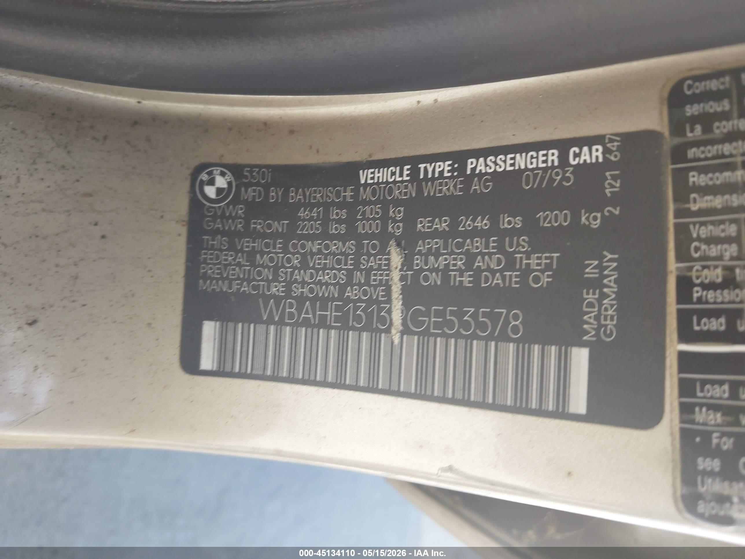 1994 Bmw 530 I Gold vin: WBAHE1313RGE53578